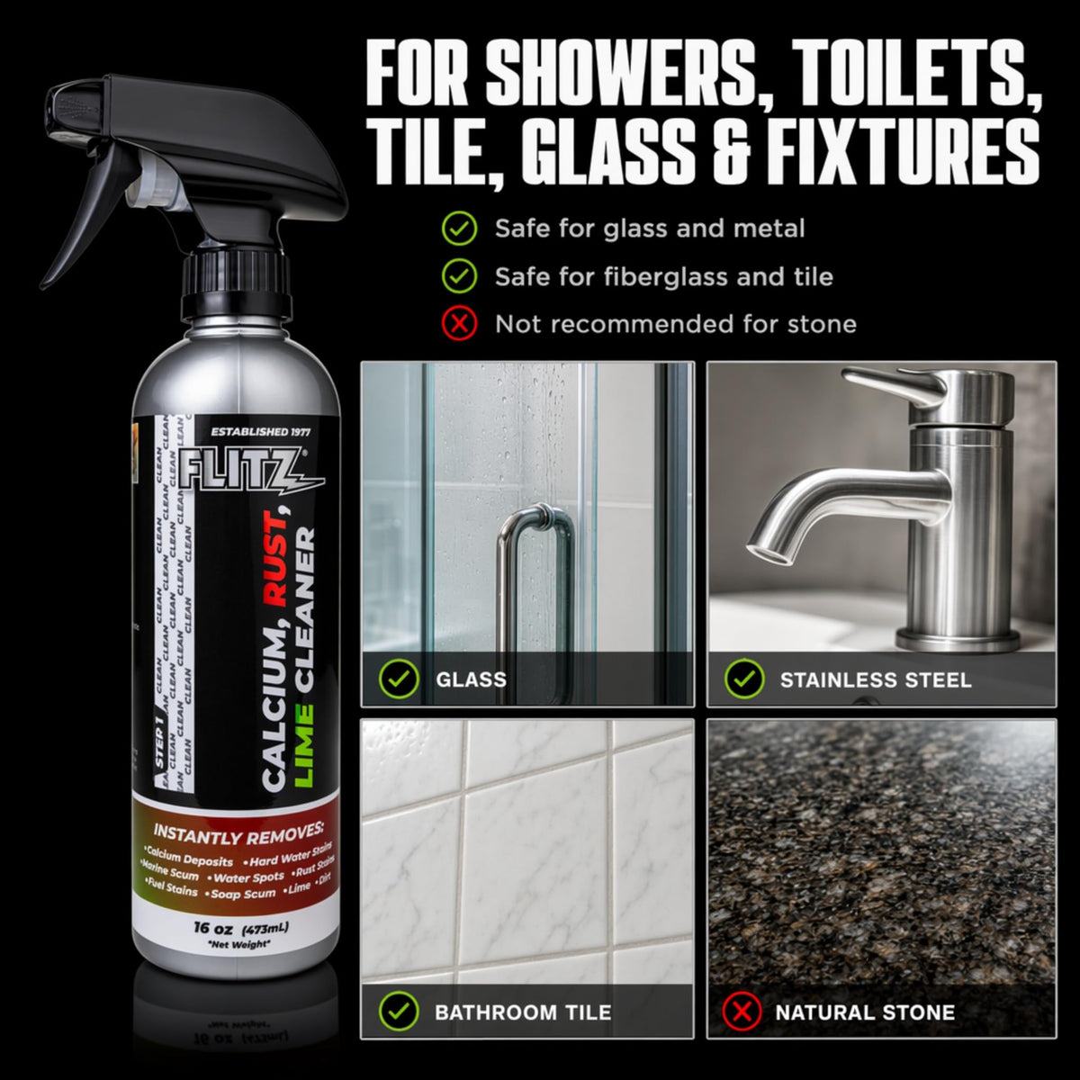 Calcium, Rust, & Lime Remover - 16oz Bottle of USA-Made Limescale Remover for Toilets, Showers, and More - Powerful Spray that Instantly Eliminates Tarnish, Grease, and Other Grime (3 Pack) (48 Fl Oz)
