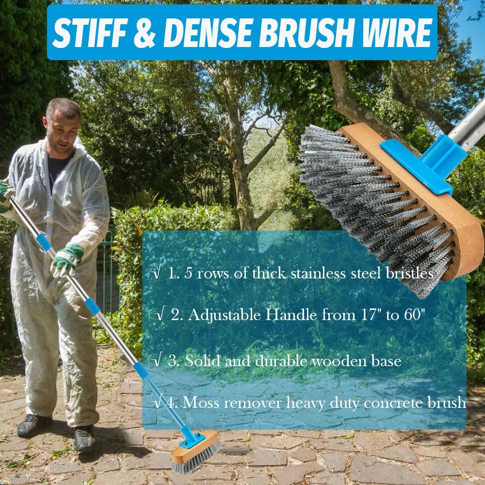 Stainless Steel Deck Scrub Brush with 60" Long Handle for Concrete