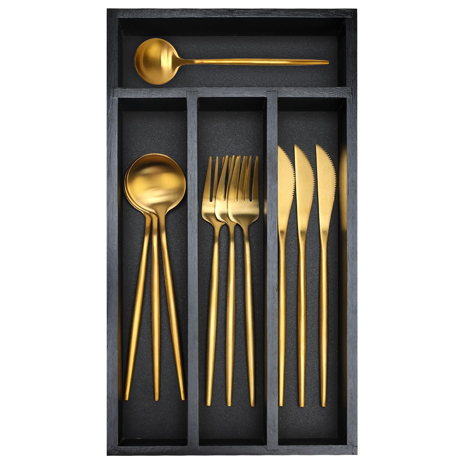 Small Black Wooden Silverware Tray Narrow Kitchen Drawer Utensil Organizer