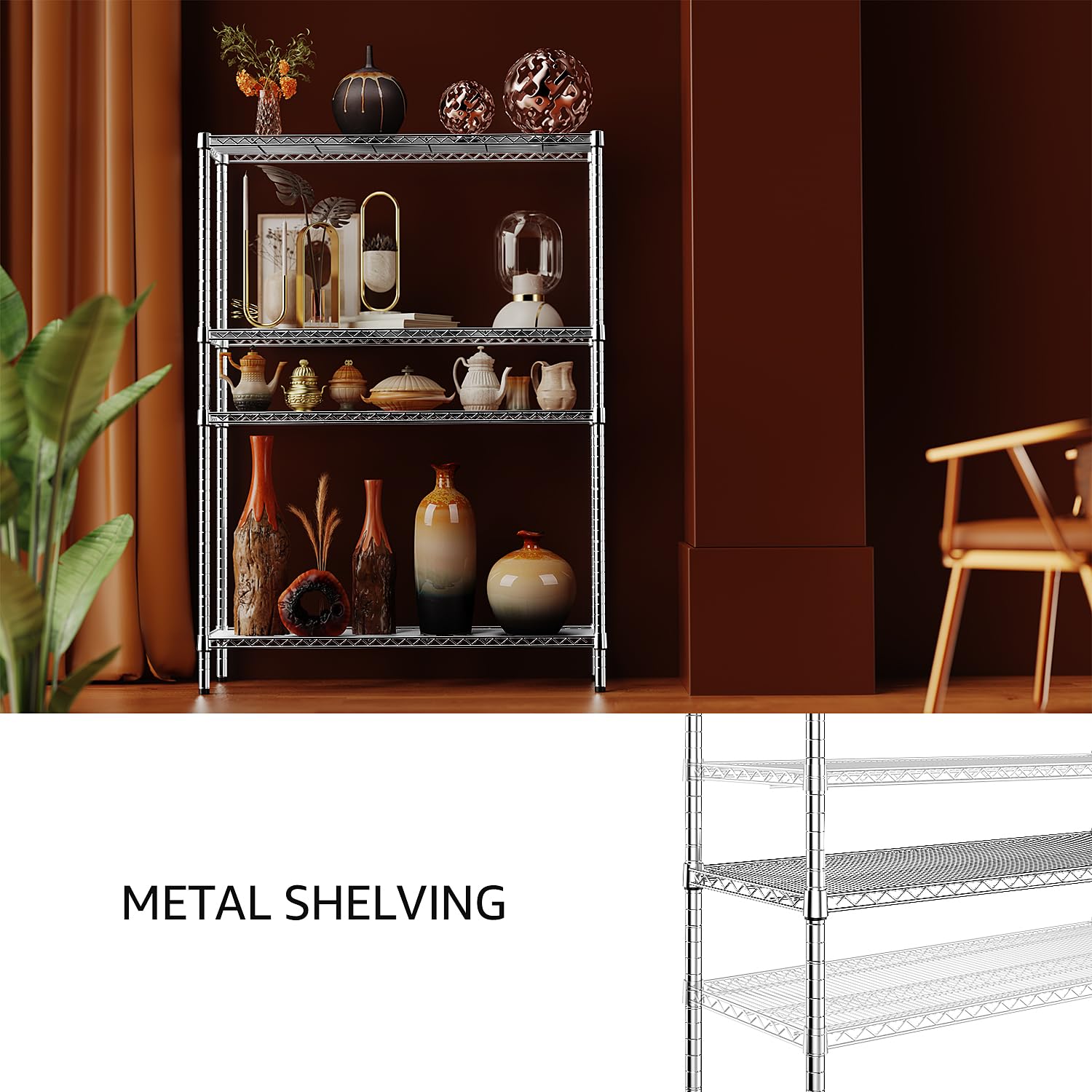 3400 LBS Garage Shelving Wide Storage Shelves 4 Tier Metal Shelves Heavy Duty Adjustable Utility Shelf Rack Chrome 17.7" D x 47.2" W x 70.4" H (4 Count)