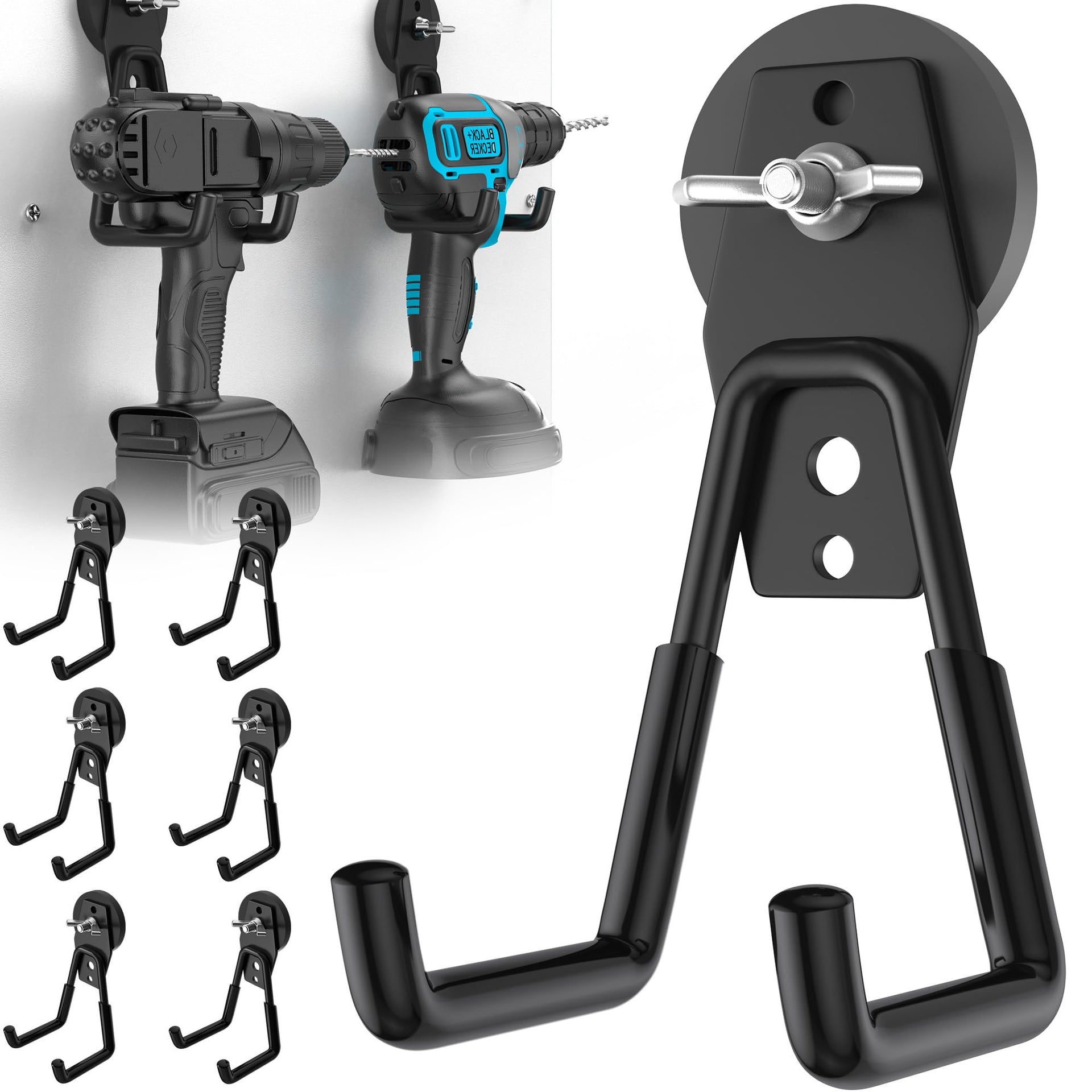 6Pcs Large Strong Magnetic Hooks Heavy Duty Garage Big Magnet Hooks Extra Strength Magnetic Utility Storage Hook Hanger with Anti Slip Coating for Garden Indoor Outdoor Hanging Tools Black (6 Count)