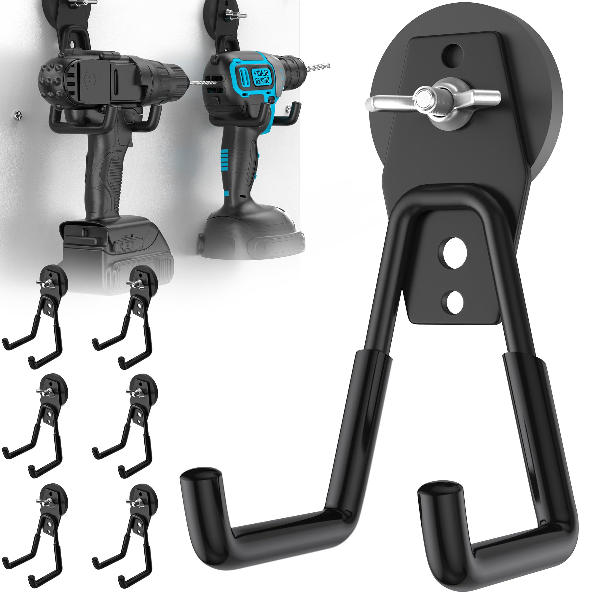 6Pcs Large Strong Magnetic Hooks Heavy Duty Garage Big Magnet Hooks Extra Strength Magnetic Utility Storage Hook Hanger with Anti Slip Coating for Garden Indoor Outdoor Hanging Tools Black (6 Count)