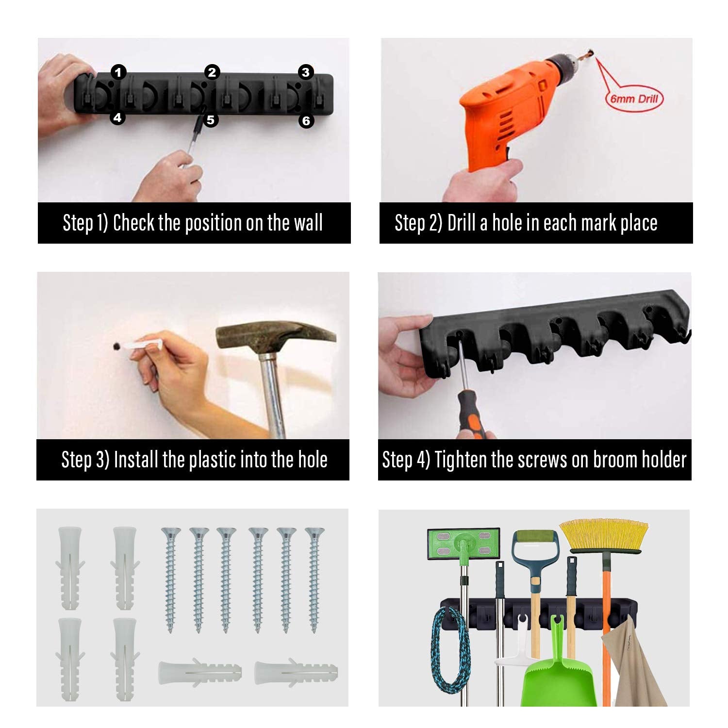 Mop and Broom Holder Wall Mount Heavy Duty Tool Organizer For Home Garden Garage And Storage