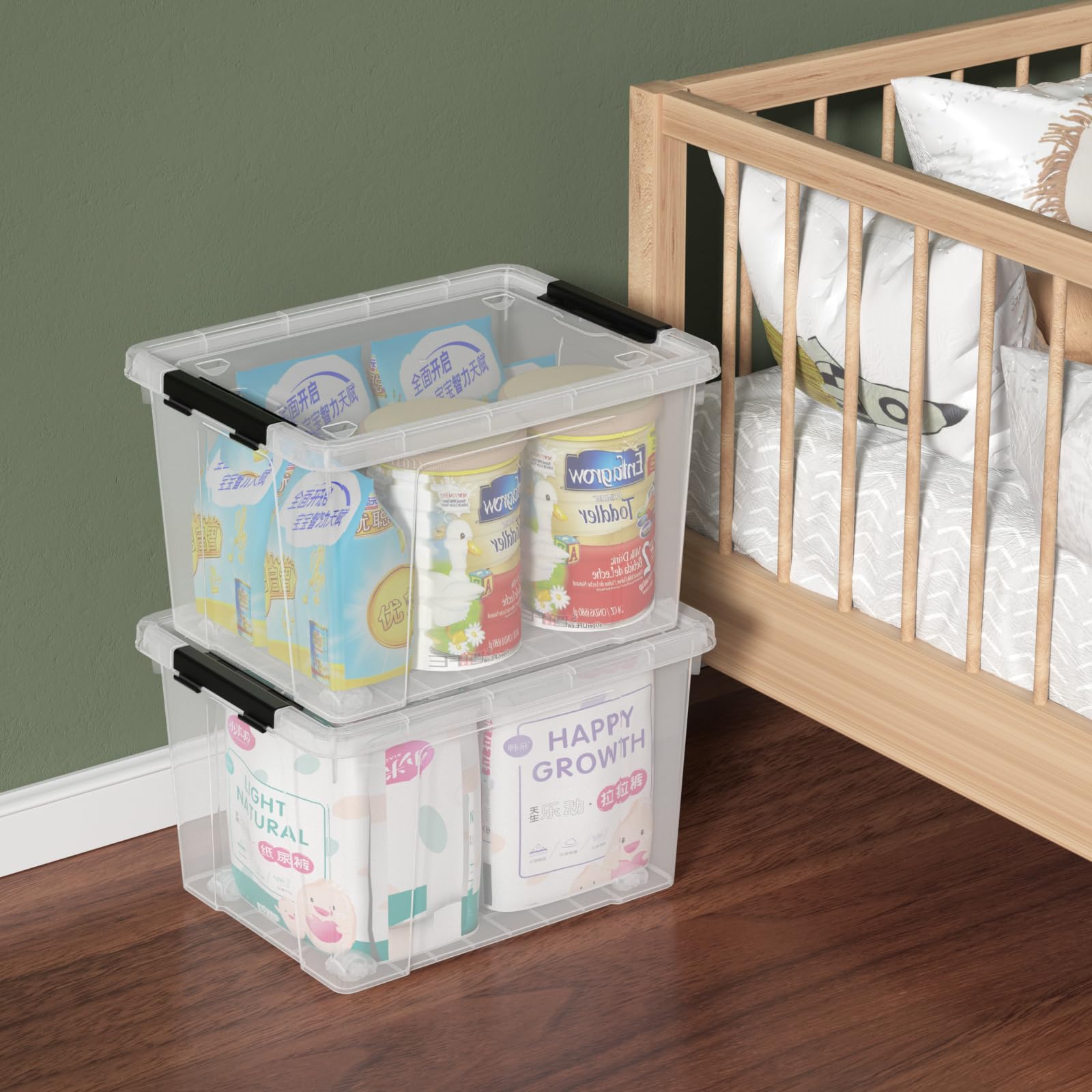 Set of 4 34 L Stackable Plastic Storage Bins with Latching Lids and Wheels (4 Count)