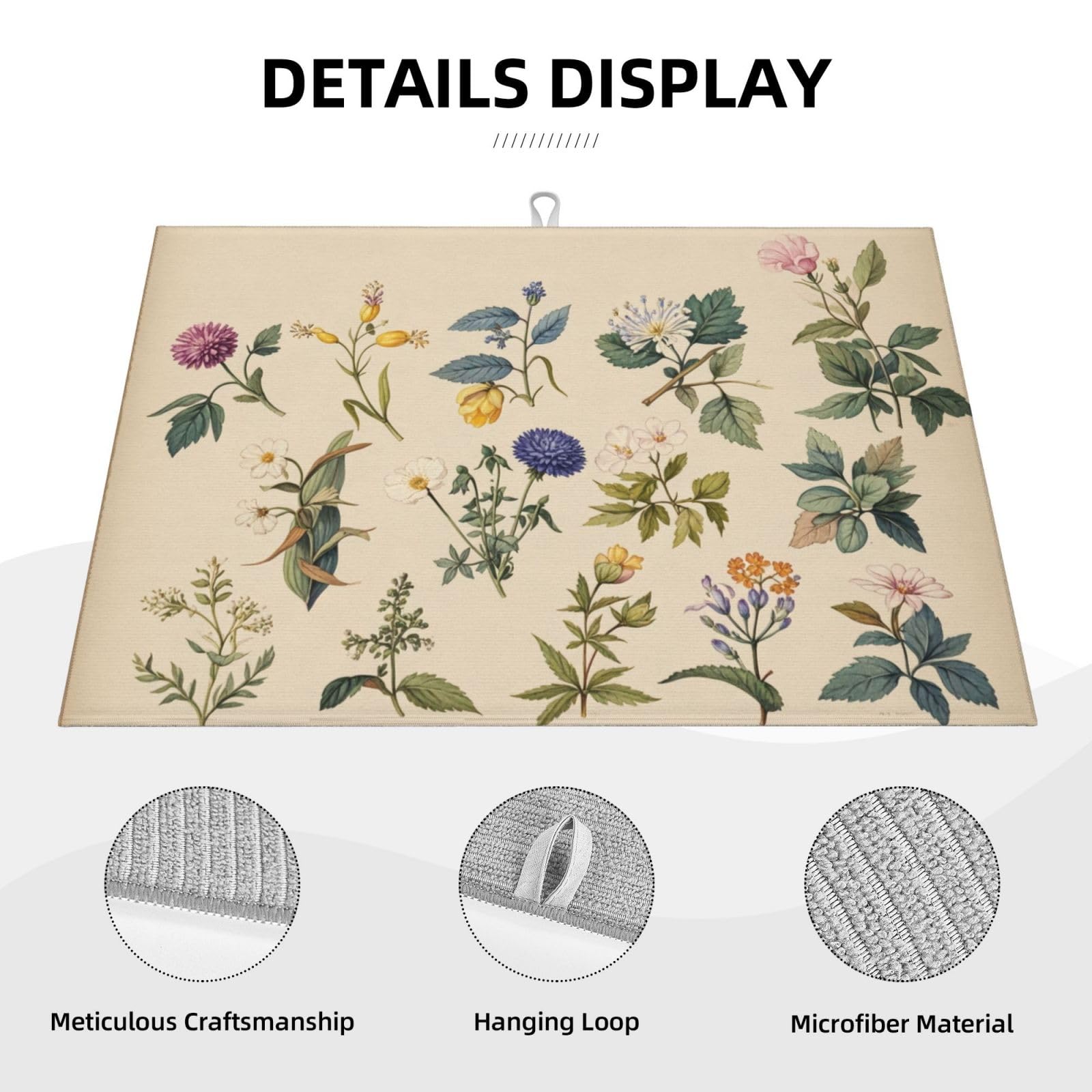 Vintage Plants Herbs Floral Dish Drying Mat Highly Absorbent Double