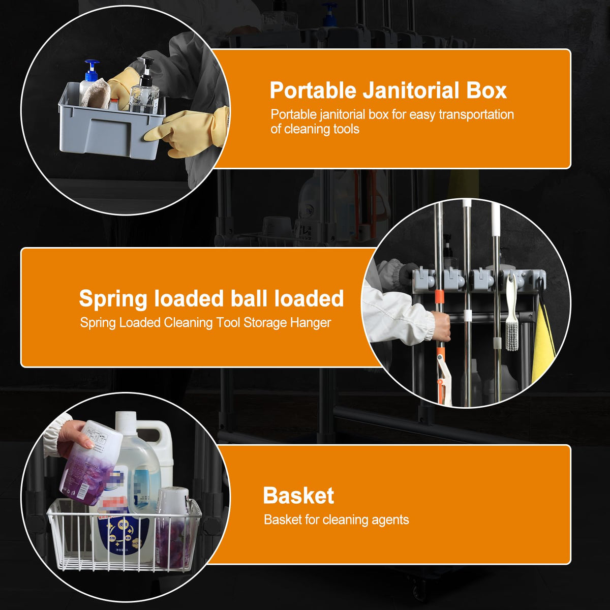 Rolling Cleaning Cart with Mop & Broom Organizer