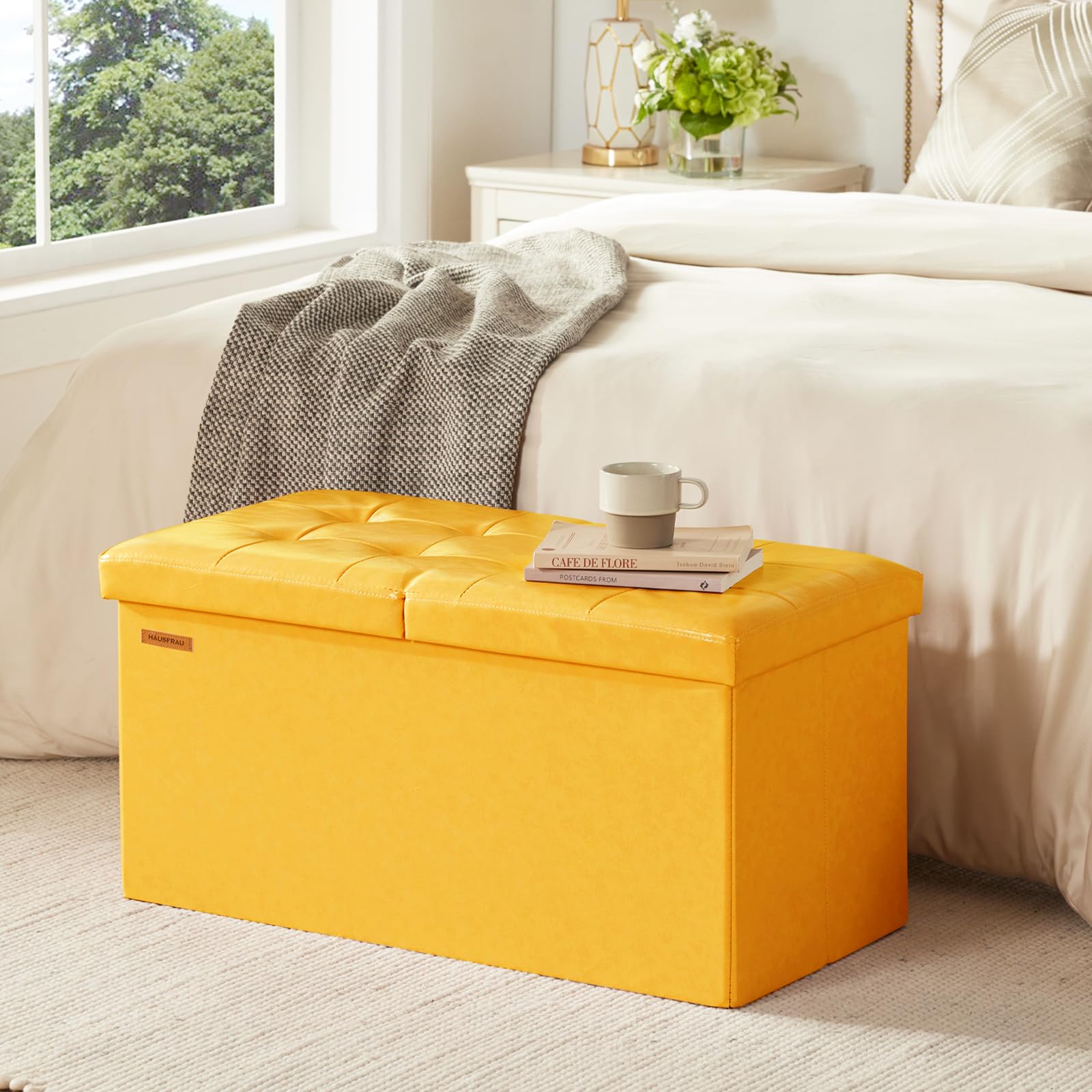 Ottoman with Storage Bench Folding Foot Rest Stool Yellow