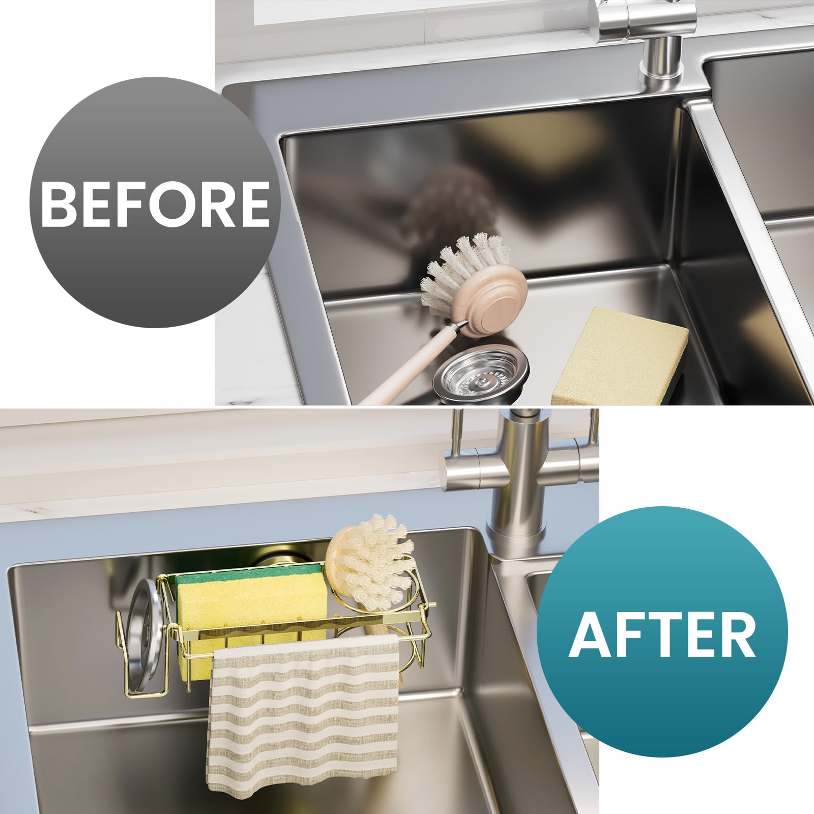 4-in-1 Sink Sponge Holder for Kitchen with Strong Suction Cup-Gold