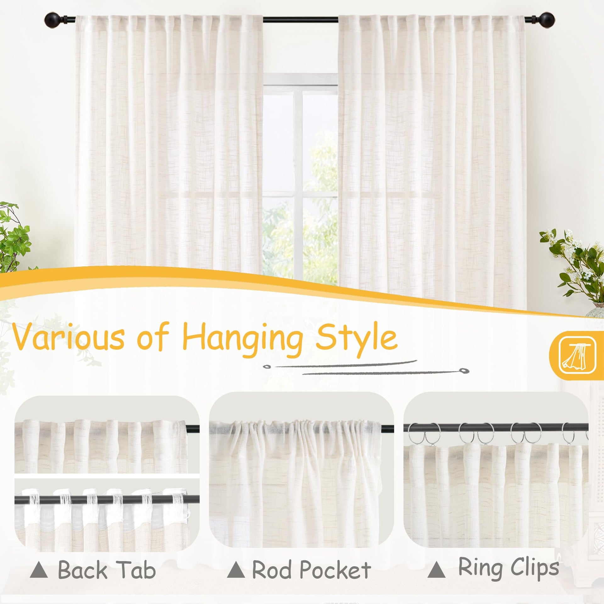Natural Linen Curtains 48 Inches Long (2 Count)