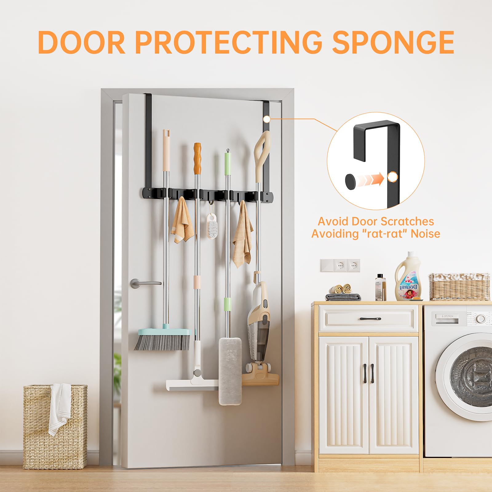 Broom Holder Over The Door with Hooks