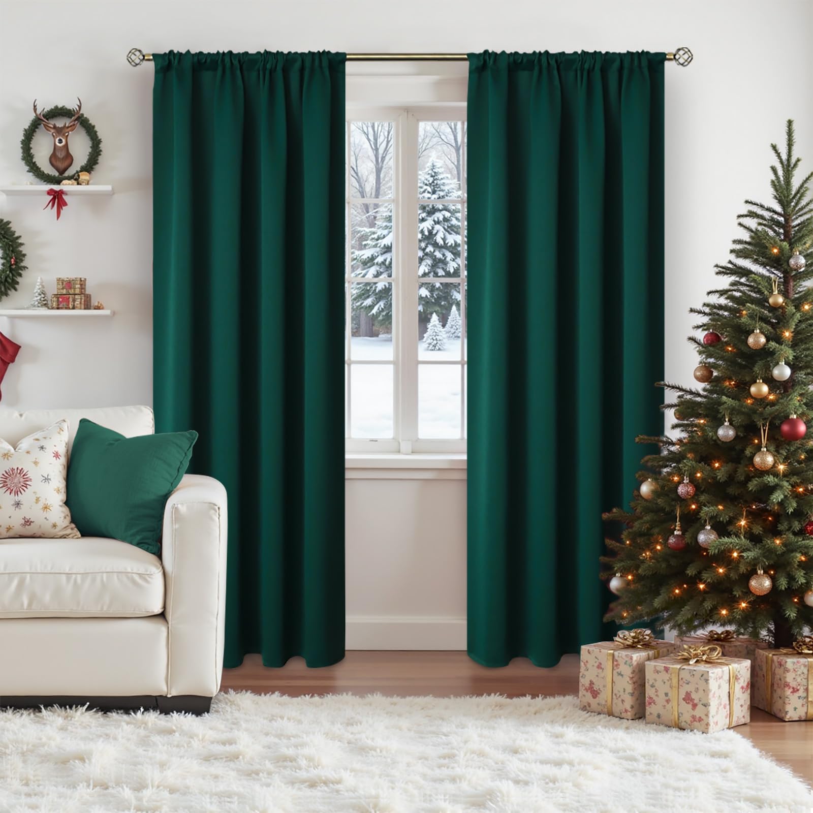 Emerald Green Blackout Curtains 90 Inch Length for Bedroom Pocket (2 Count)