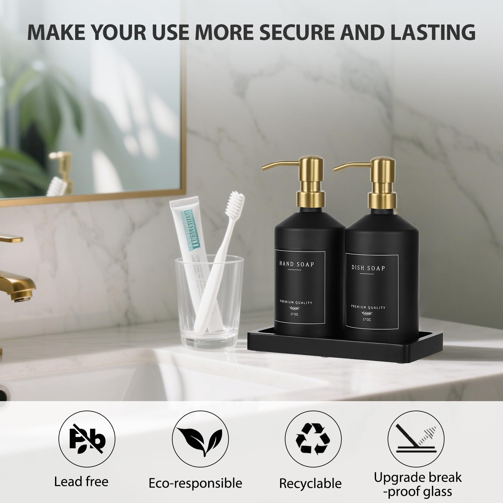 Black Glass Kitchen Hand and Dish Soap Dispenser Set (2 Count)
