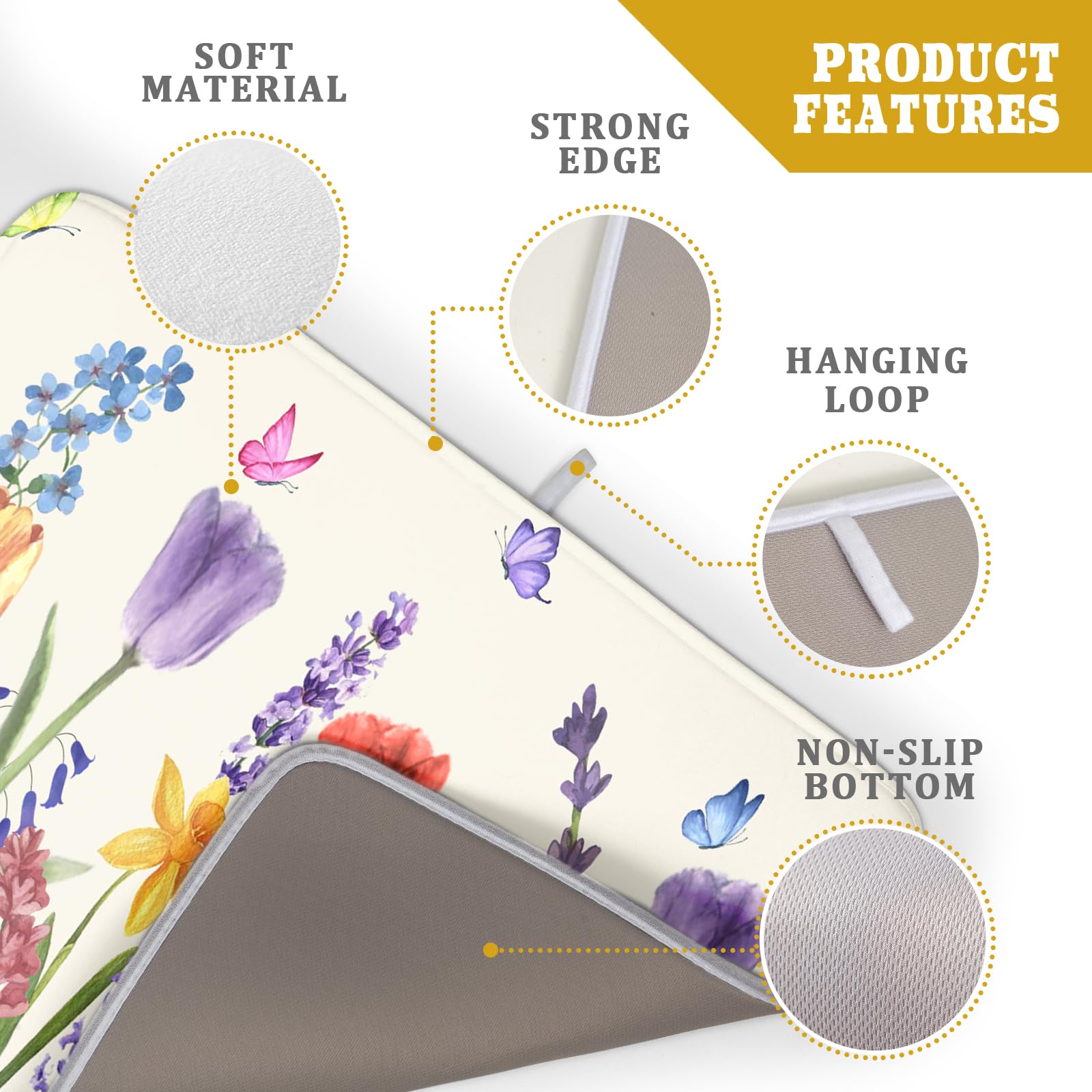 Spring Summer Floral Dish Drying Mat for Kitchen Counter 18x24 Inch Spring Flowers Dish Drainer Rack Mats Absorbent Kitchen Drying Mat Botanical Floral Drainer Rack Mats for Kitchen Countertop Decor