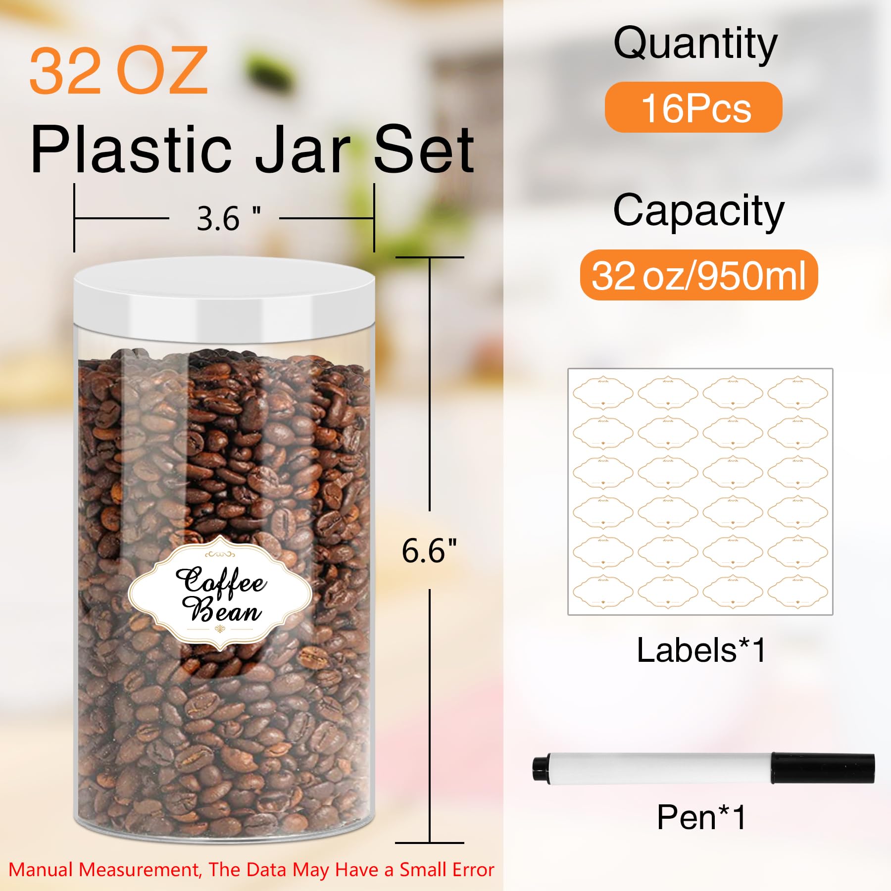 32 OZ Plastic Jars with Lids (16 Count)