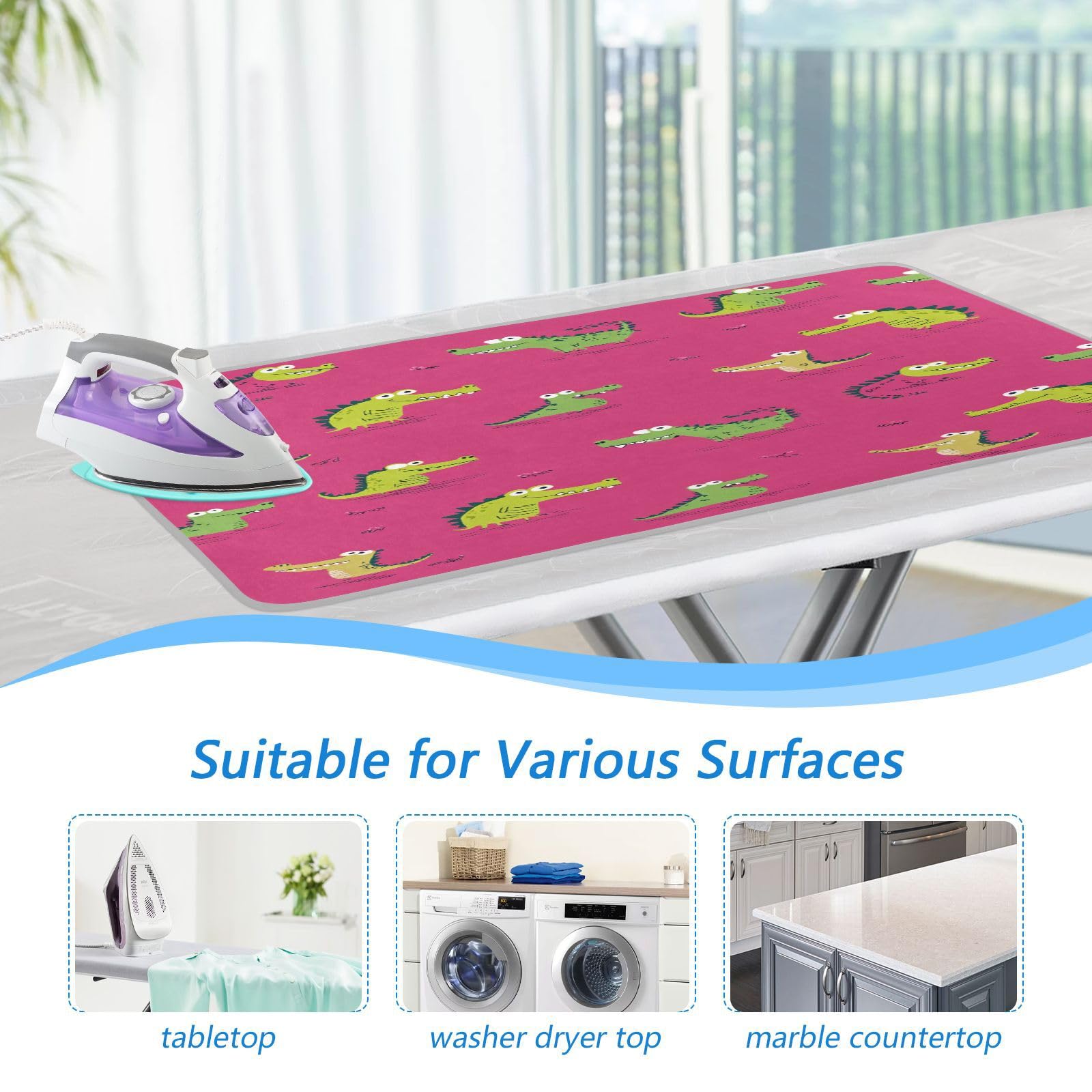 Pink Funny Crocodiles Ironing Mat Thickened Ironing Blanket Travel Portable Double
