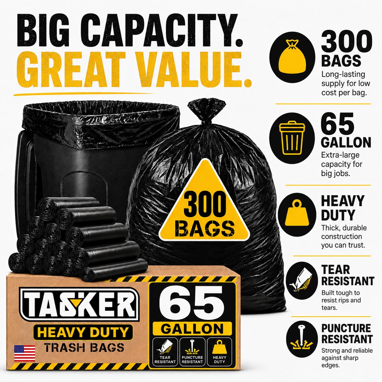 300 Bags, 64-65 Gallon Trash Bags Heavy Duty, Large Black Garbage Bags, Wide Mouth Trash Can Liners for 60, 64, 65 and 70 Gallon Cans to Fit Toter Cart Liners for Outdoor Lawn Yard Cleanup (300 Count)