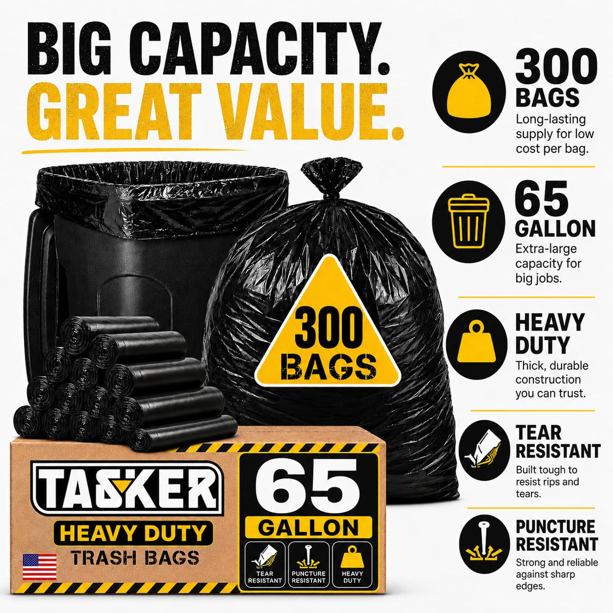 300 Bags, 64-65 Gallon Trash Bags Heavy Duty, Large Black Garbage Bags, Wide Mouth Trash Can Liners for 60, 64, 65 and 70 Gallon Cans to Fit Toter Cart Liners for Outdoor Lawn Yard Cleanup (300 Count)