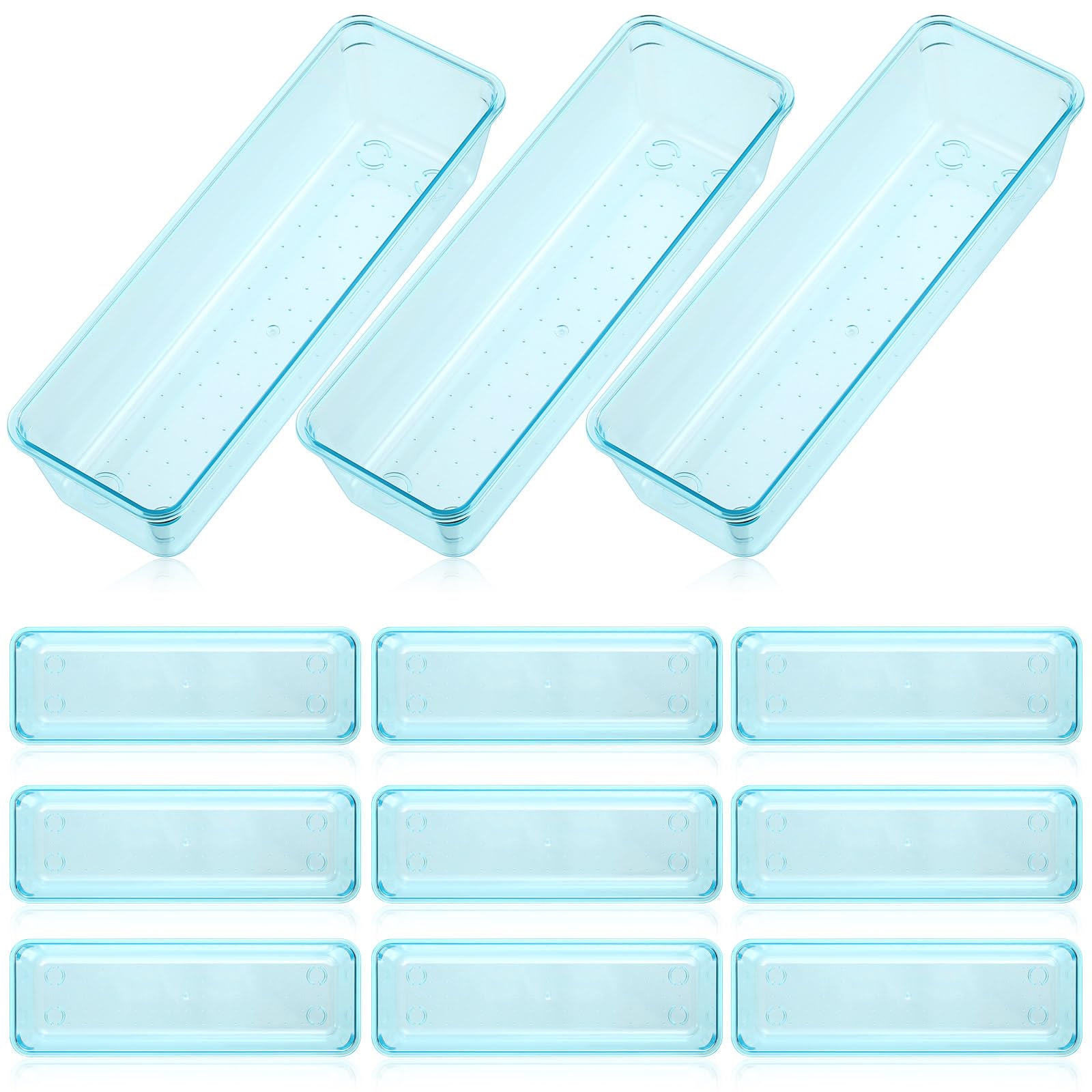 12 Pcs Clear Drawer Organizer 9 x 3 x 2 Inches Plastic Rectangle Trays Makeup Vanity Storage Bins and Kitchen Drawers Dividers for Office Desk Silverware Kitchen Utensils (12 Count)
