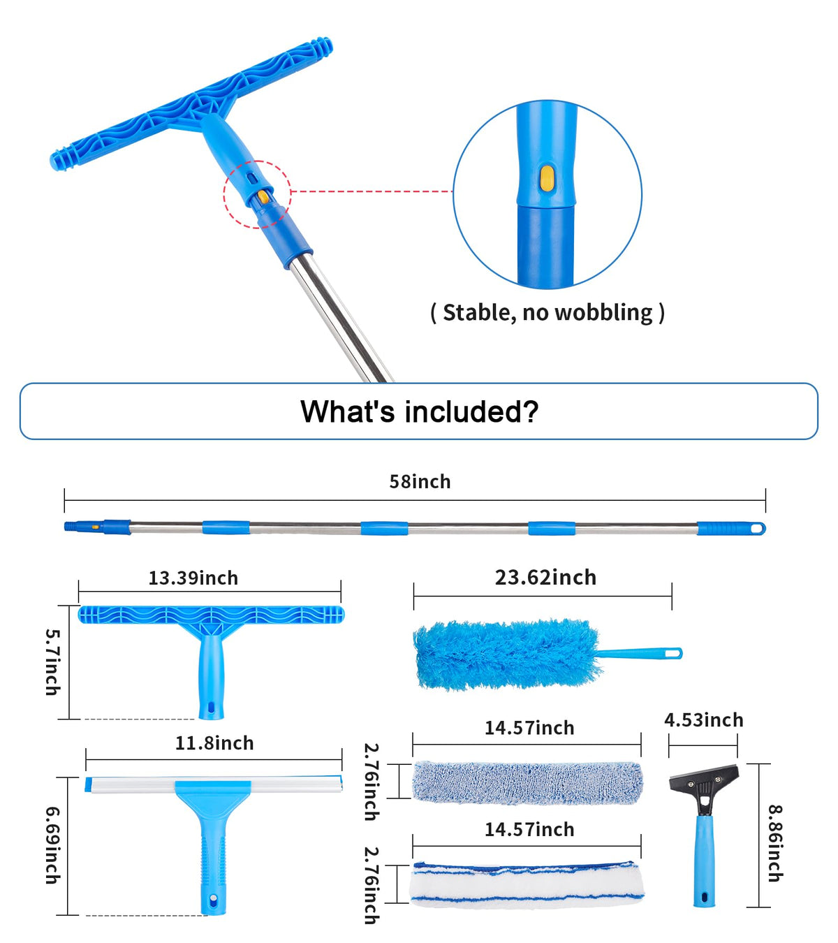 Window Squeegee Cleaner with 4 Stainless Steel Extension Poles