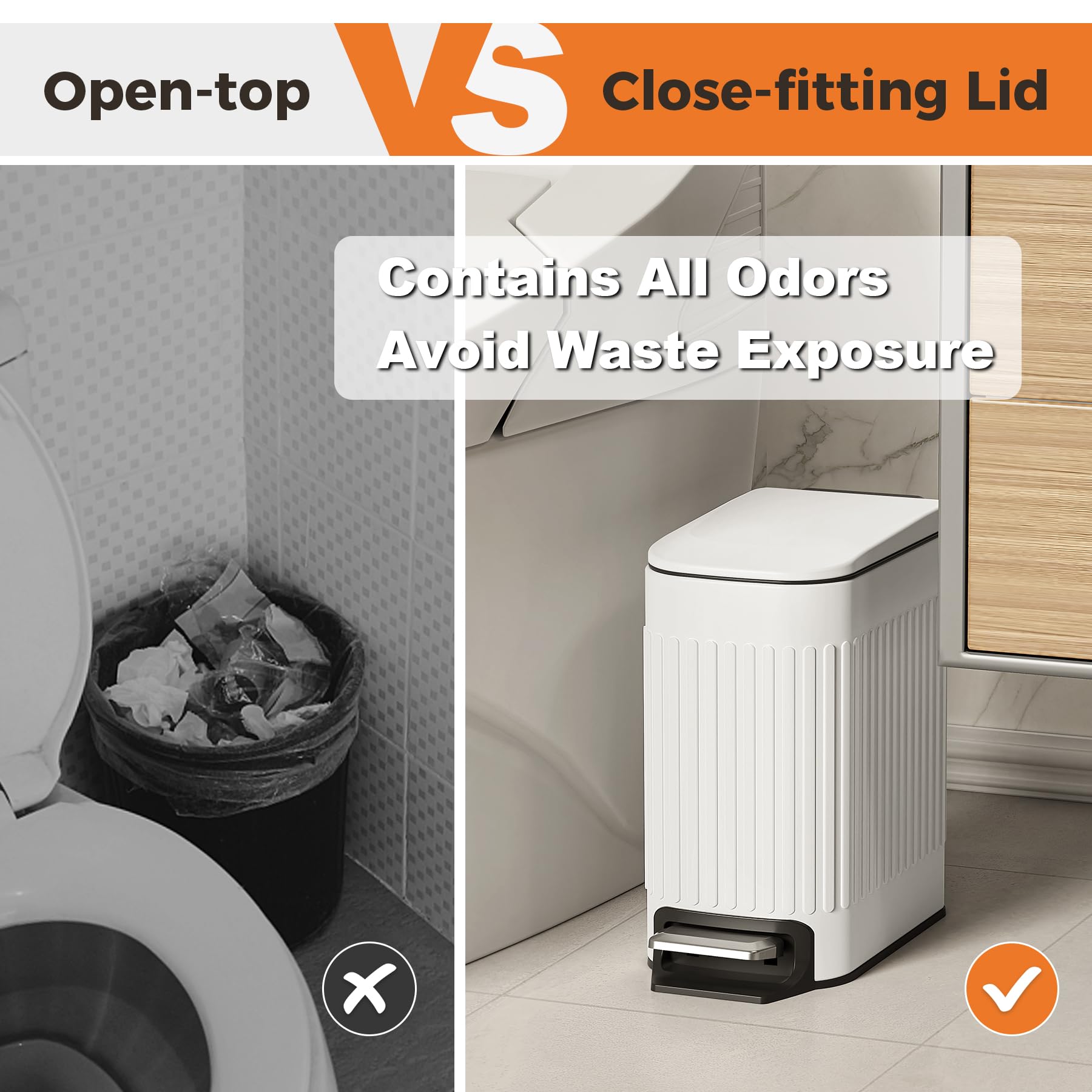 Slim Bathroom Trash Can with Lid Soft Close & Pedal