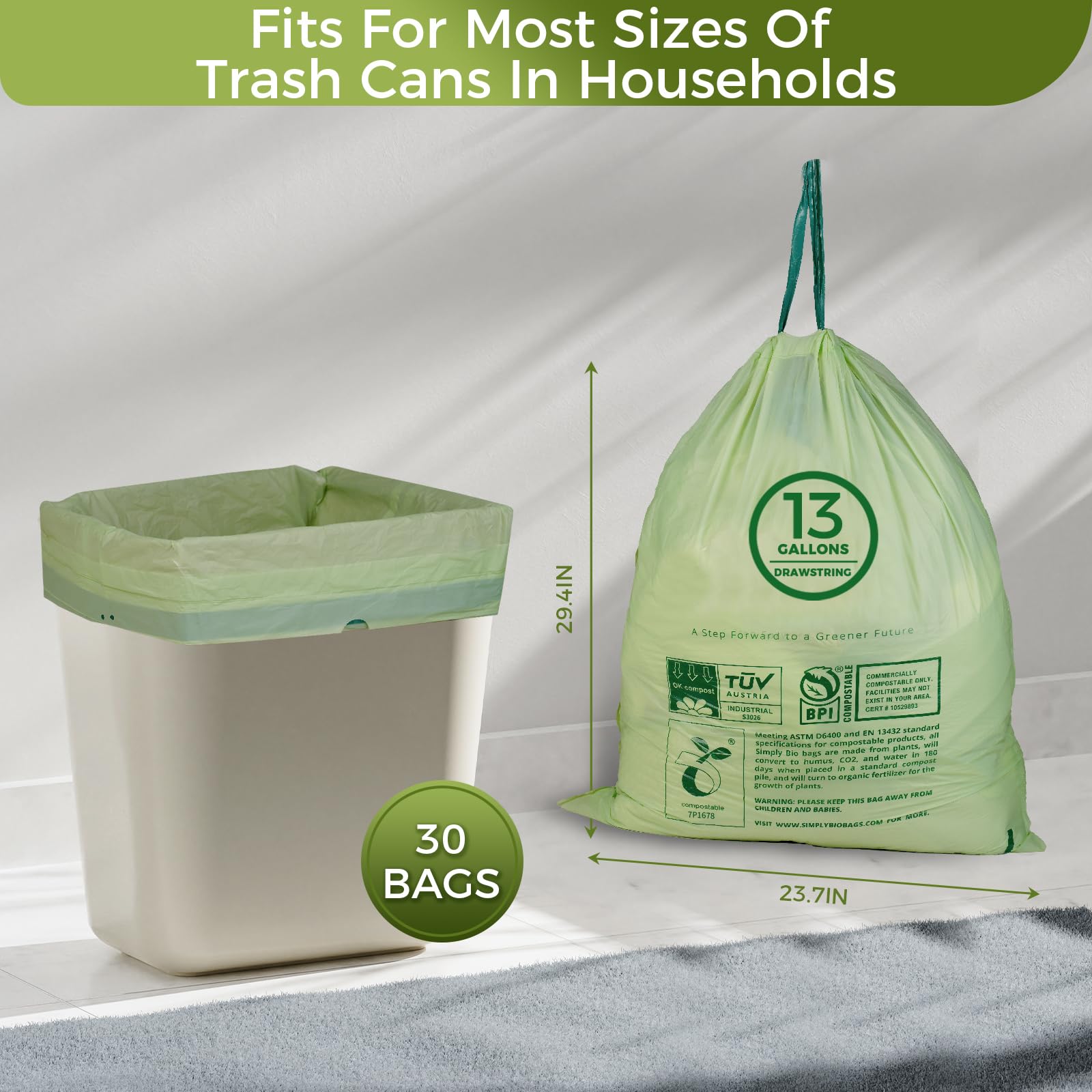 13 Gallon Compostable Trash Bags with Drawstring (30 Count)