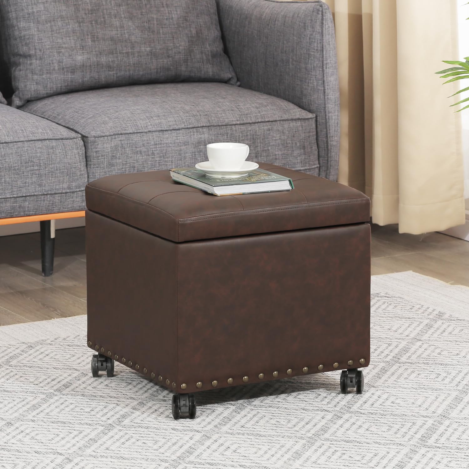 16.7" H Brown Leather Storage Ottoman with 360 Caster Wheels