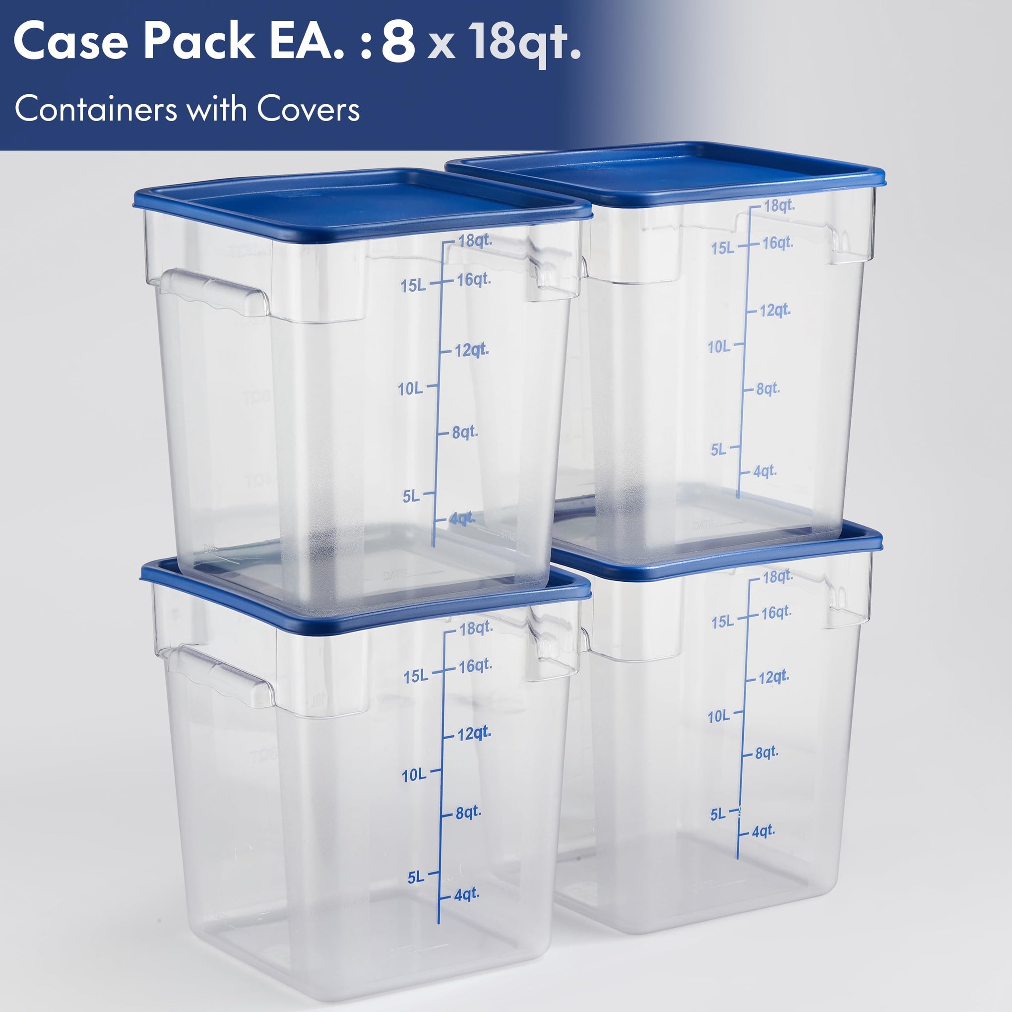 8 Pack 18 Qt NSF Clear Polycarbonate Food Storage Containers with Blue Lids (8 Count)