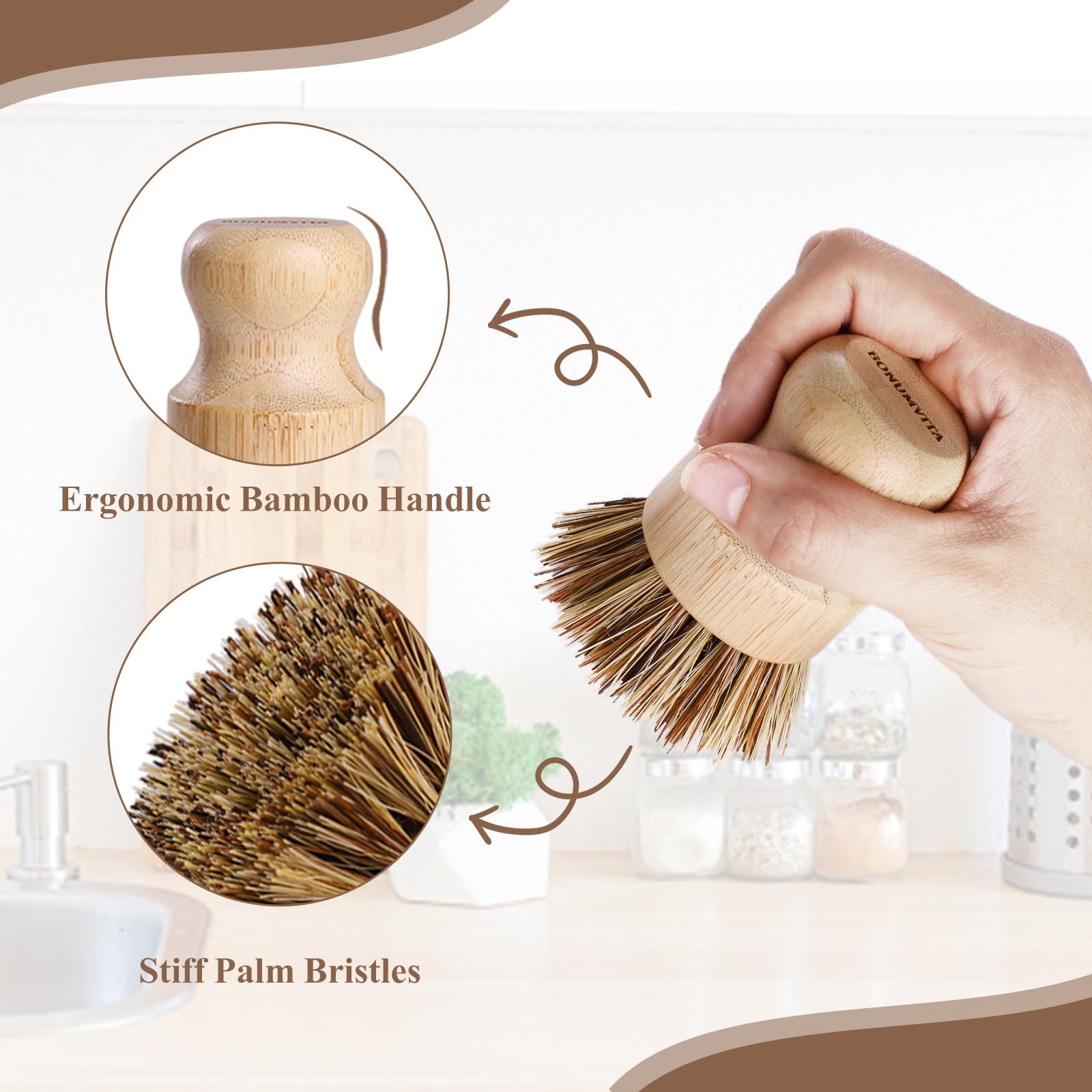 BOMUMVITA 4 Pack Bamboo Dish Brush with Palm Fiber (4 Count)