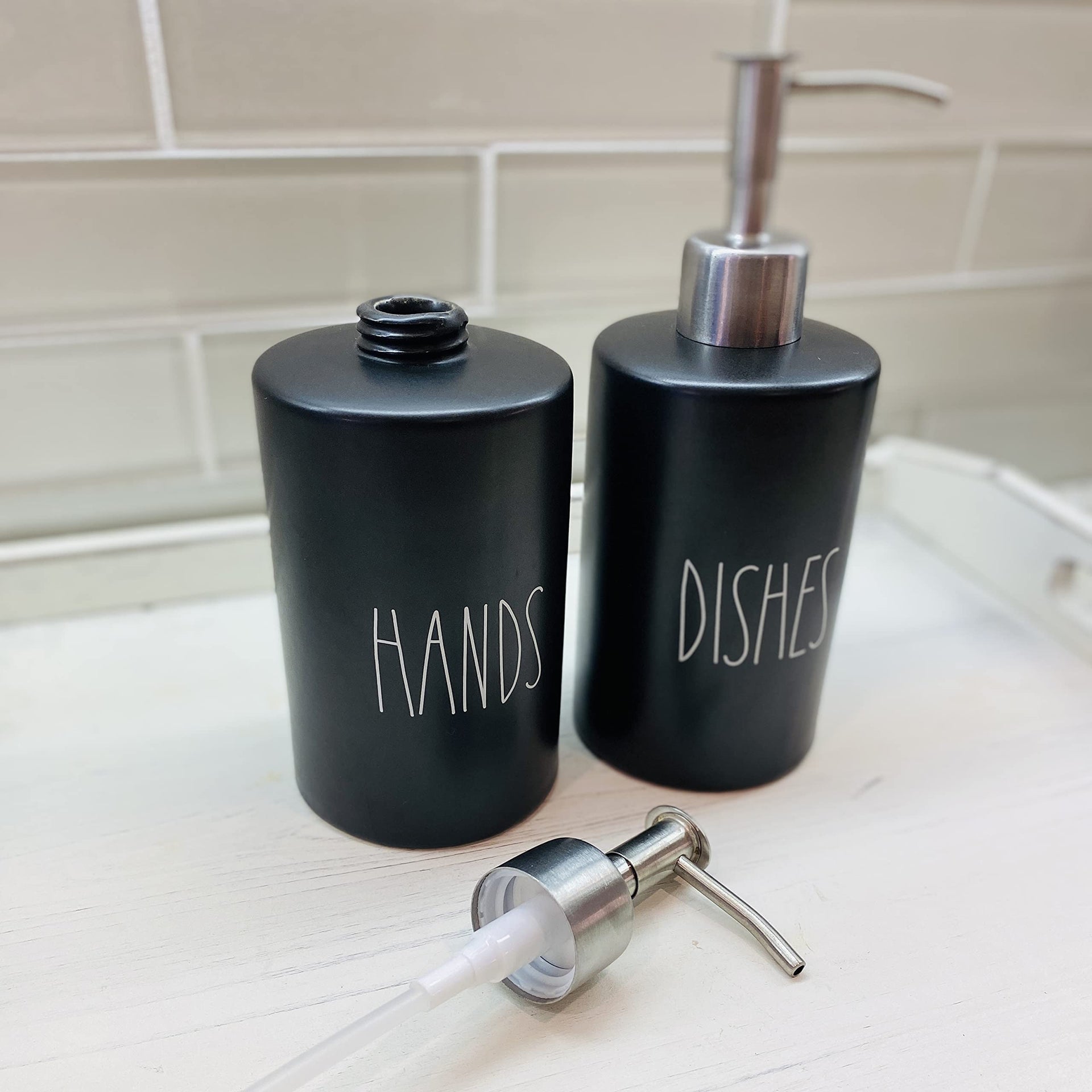 Modern Farmhouse Ceramic Dishes and Hands Soap Dispenser Set for Kitchen (2 Count)