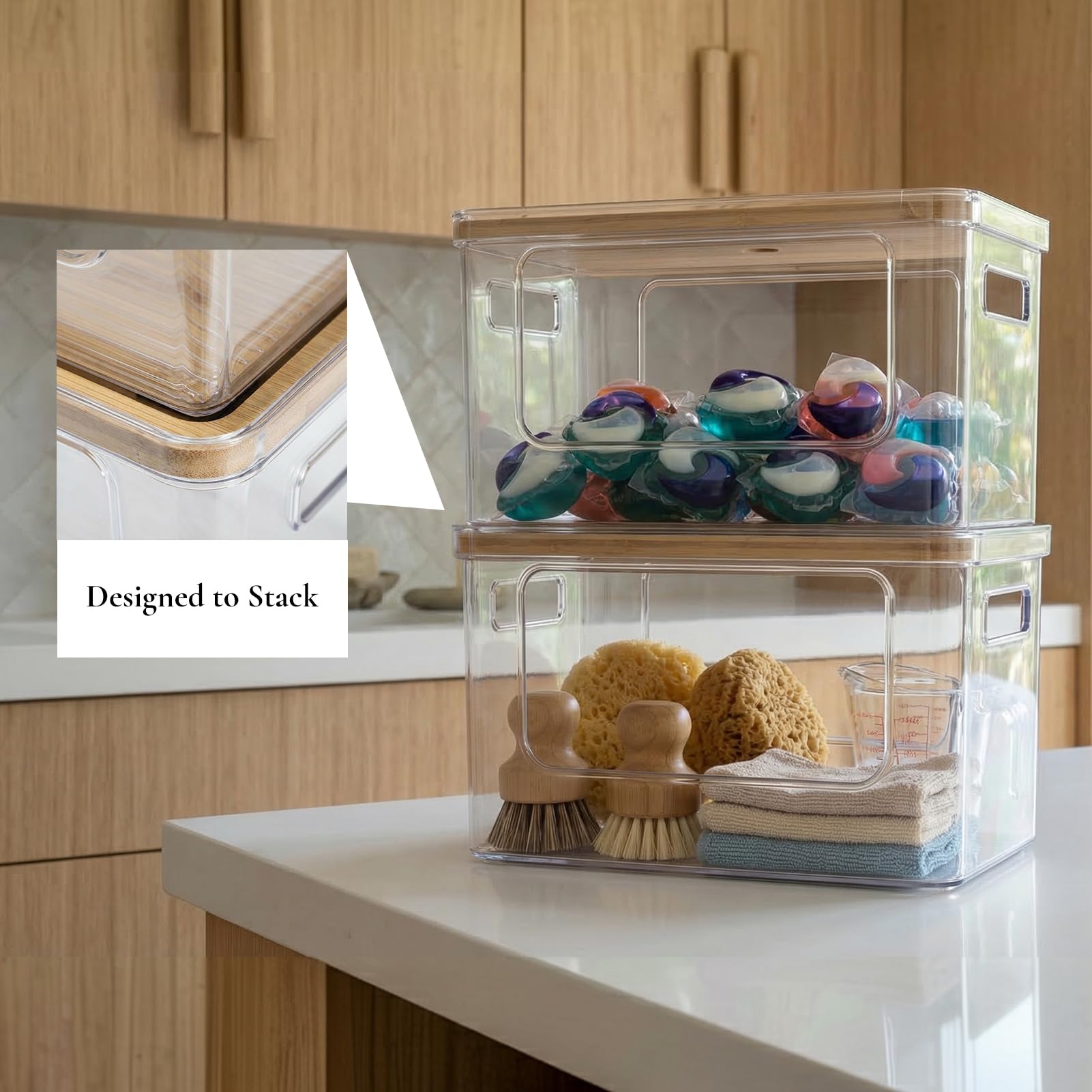 Stackable Storage with Bamboo Top for Laundry Room Organization