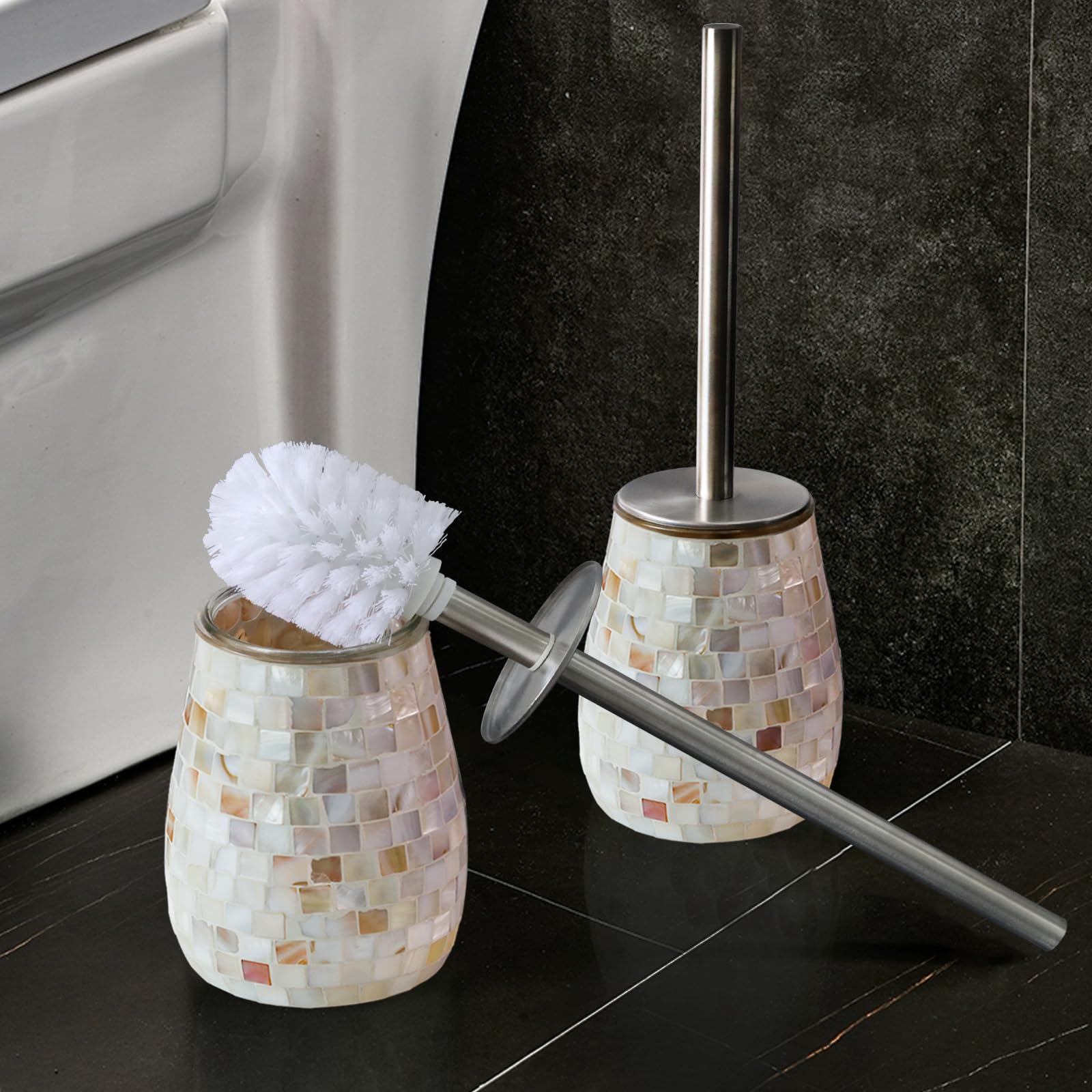 Natural Shell Toilet Brush and Holder Set Mosaic Glass