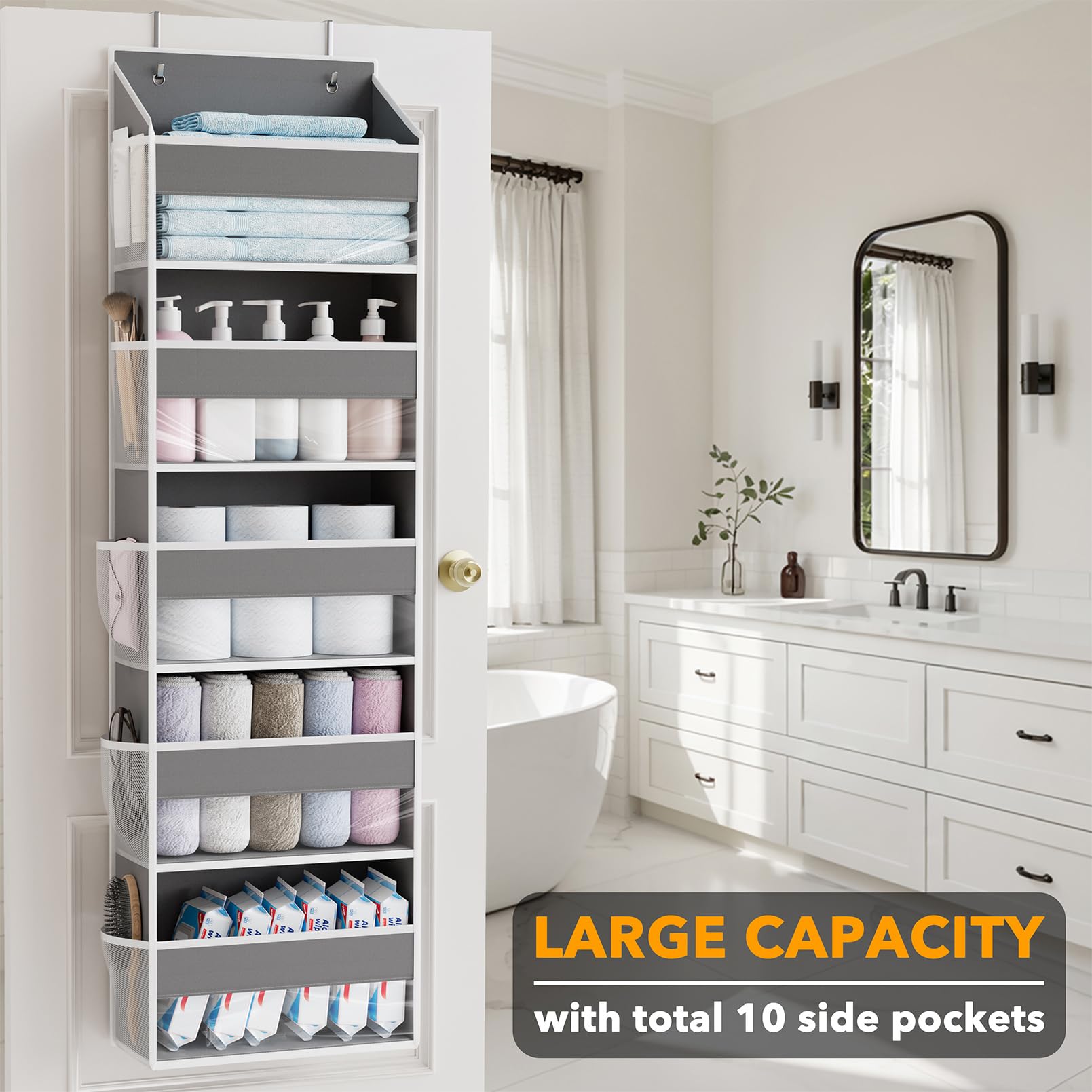 1 Pack Over The Door Organizer with 5 Large Pockets and 10 Mesh Side Pockets