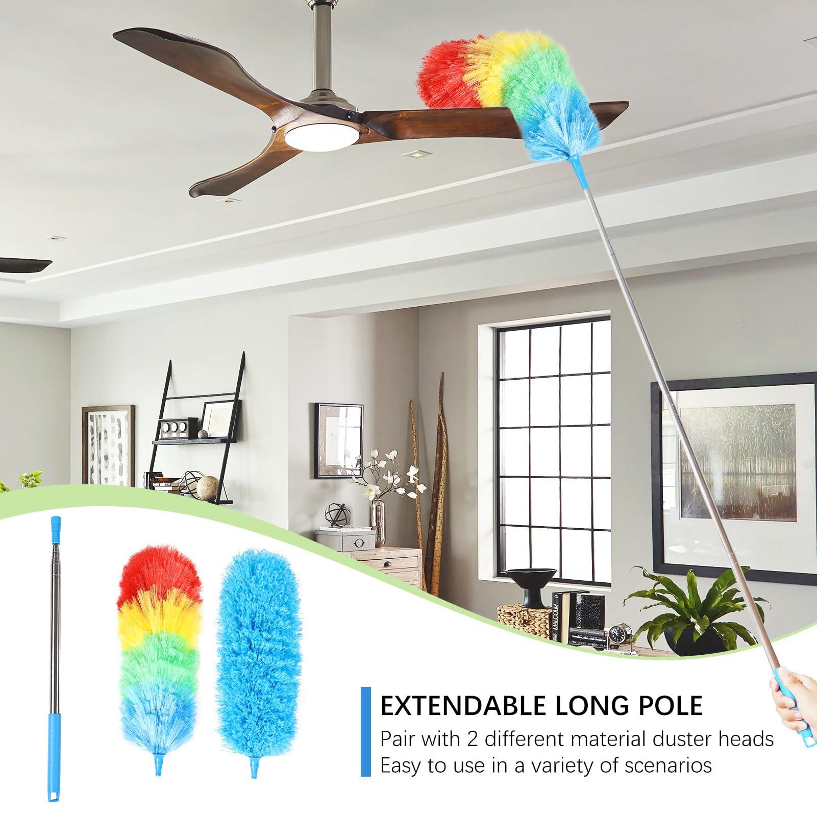Rainbow Extendable Static Duster Reusable Microfiber Duster with 100" Telescoping Pole