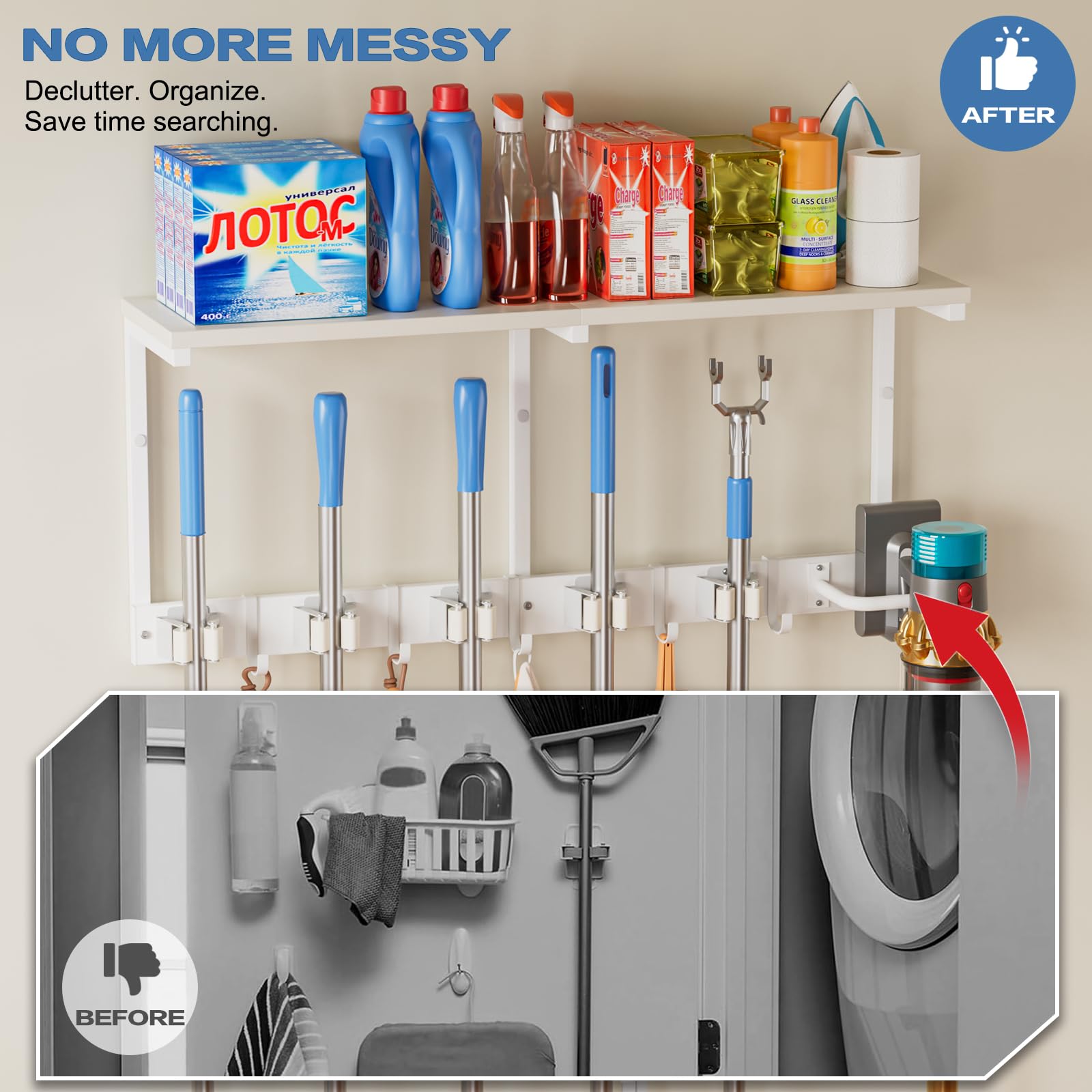 Broom Holder Wall Mount with Cleaning Supplies Organizer