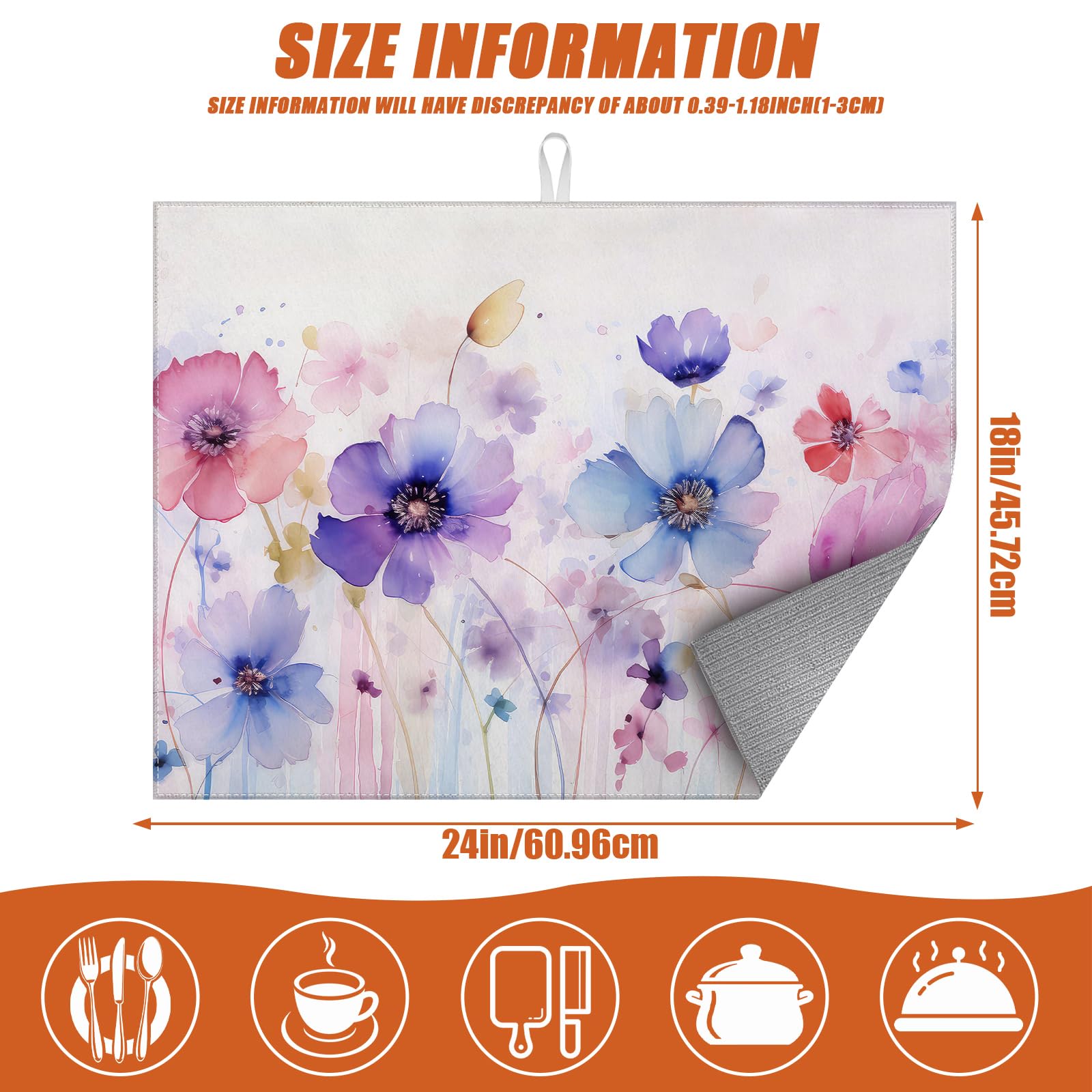 Watercolor Flowers Dish Drying Mat for Kitchen Counter Microfiber Absorbent Dish Kitchen Drying Mat Draining Reusable Washable for Dishes
