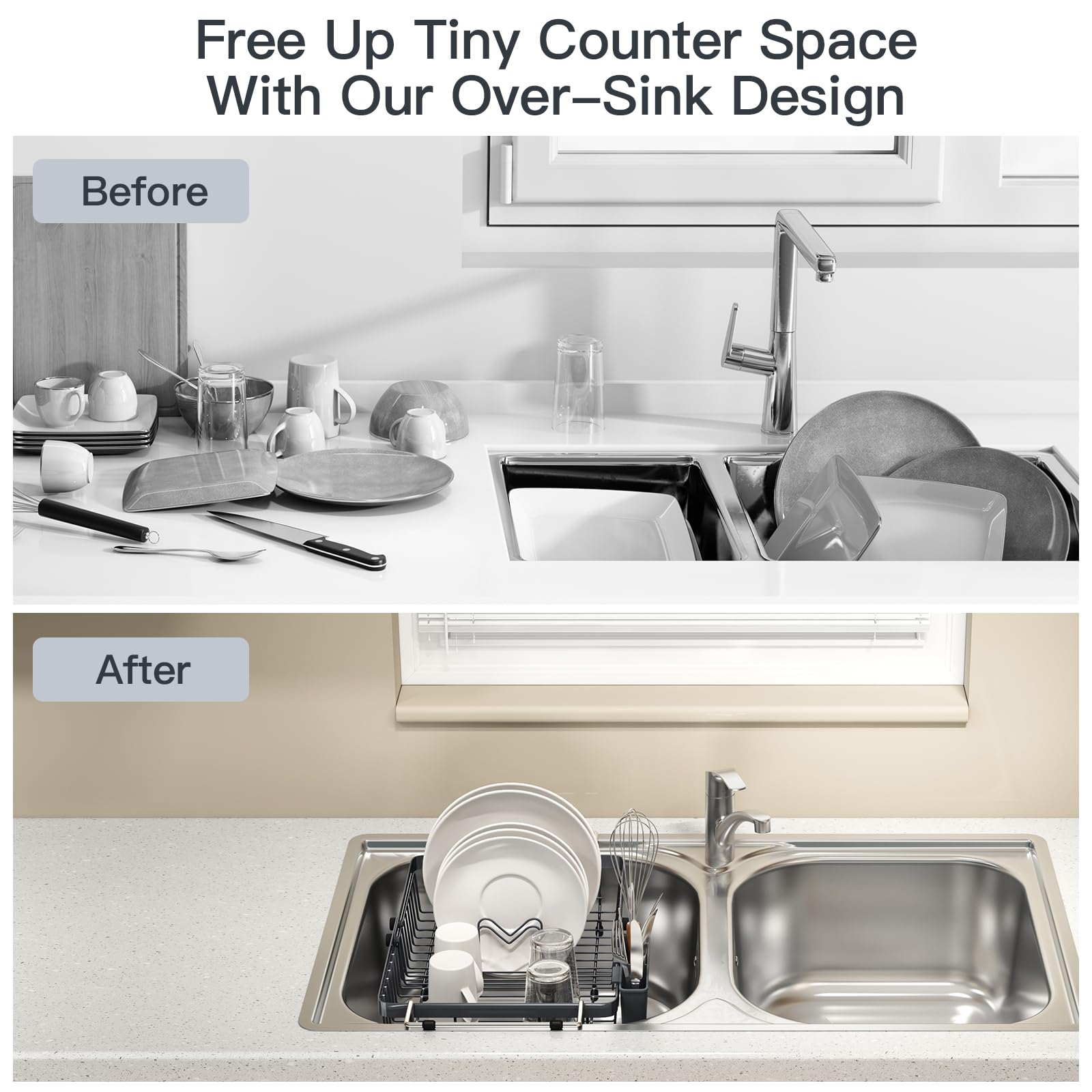 Grey Dish Drying Rack Over The Sink with Utensil Holder