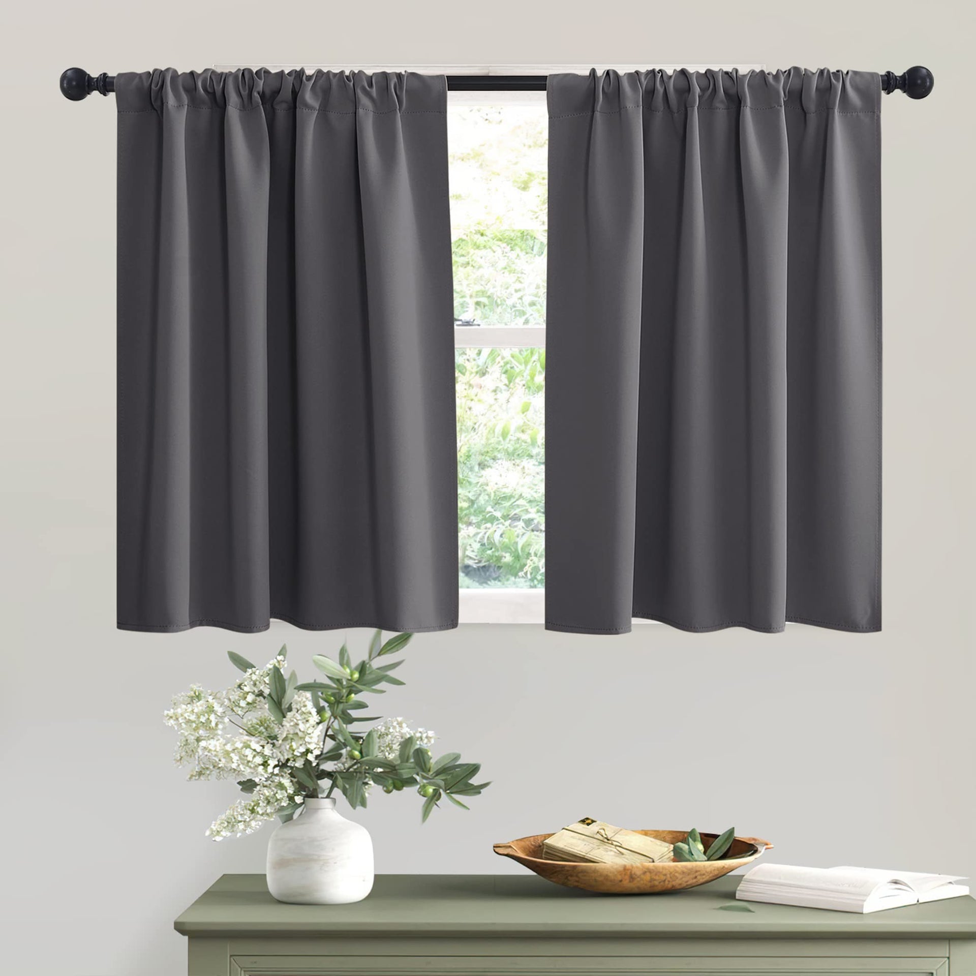 Short Grey Blackout Curtains for Small Bedroom Kitchen Cafe Window