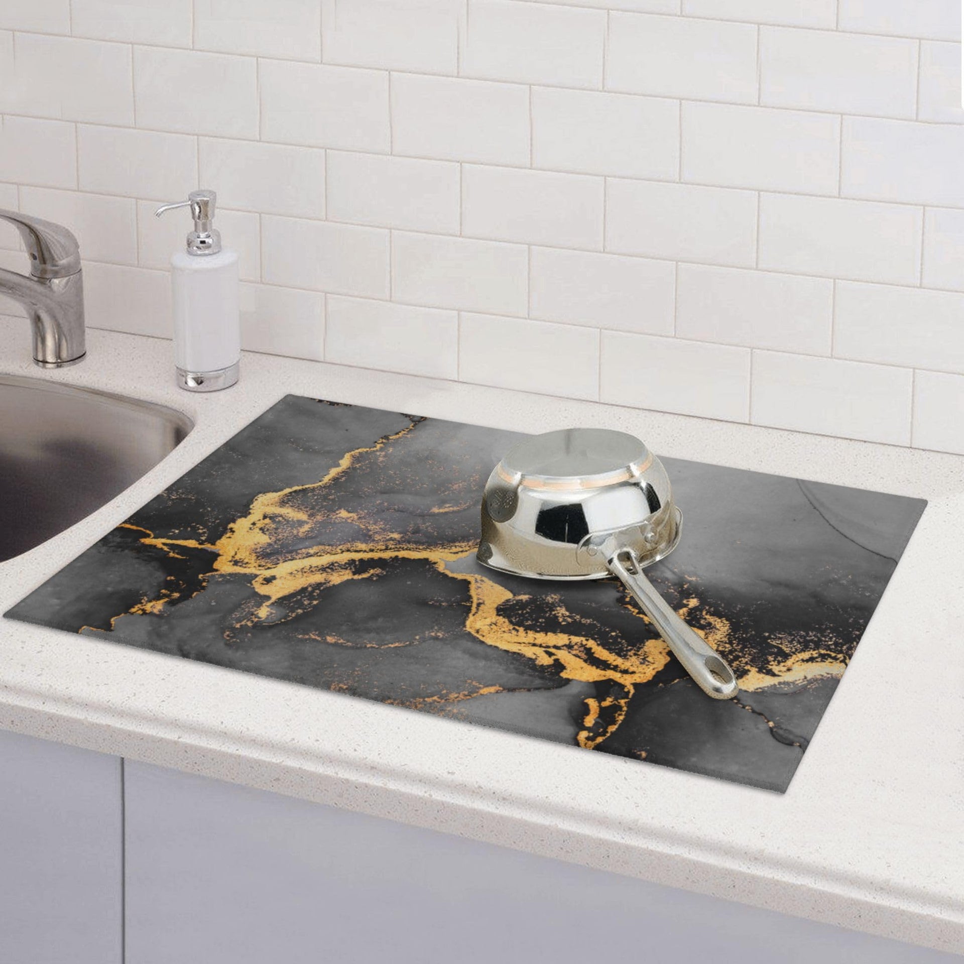 Black Gray Gold Marble Kitchen Drying Mat Abstract Modern 18x24 Inch