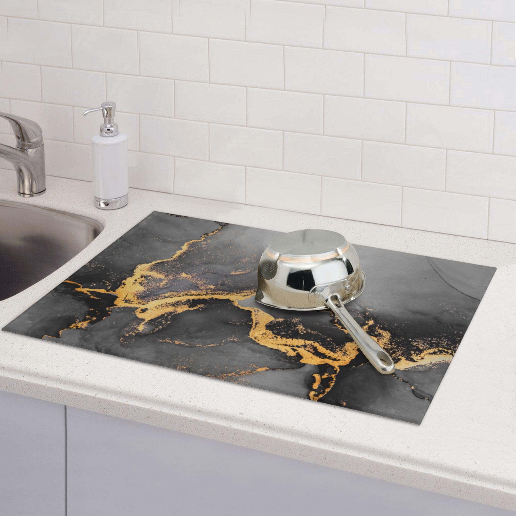 Black Gray Gold Marble Kitchen Drying Mat Abstract Modern 18x24 Inch