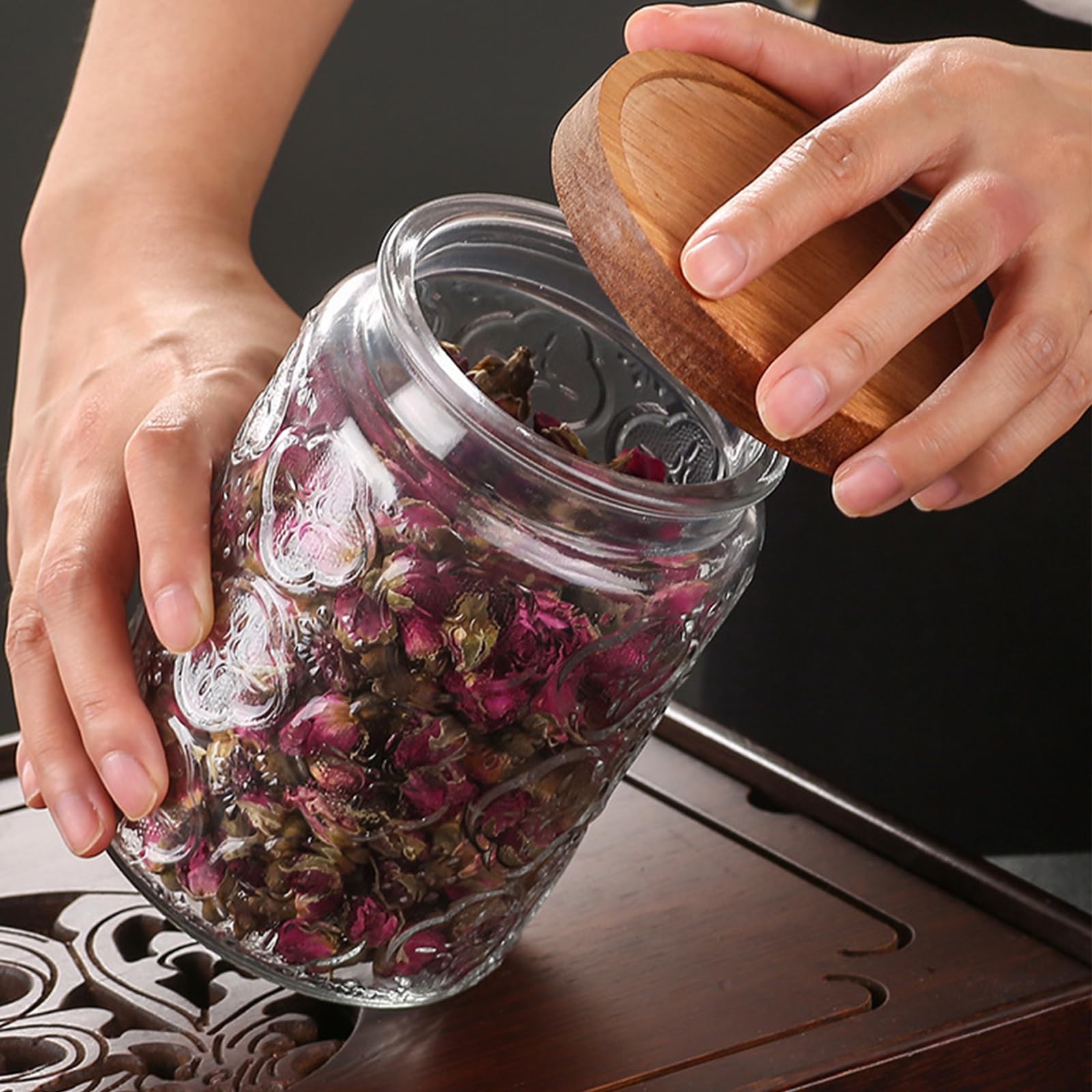 24 OZ 4 PCS Glass Storage Jar with Airtight Bamboo Wooden Lids