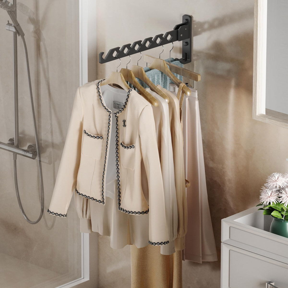 Wall Mount Coat Hanger Holder Black Clothes Drying Organizer Rack Garment Hooks Aluminium Retractable Folding Indoor Wall Mounted Hanger Space Saver for Laundry Room Bedroom Black 2 Pack with 8 Hooks (2 Count)
