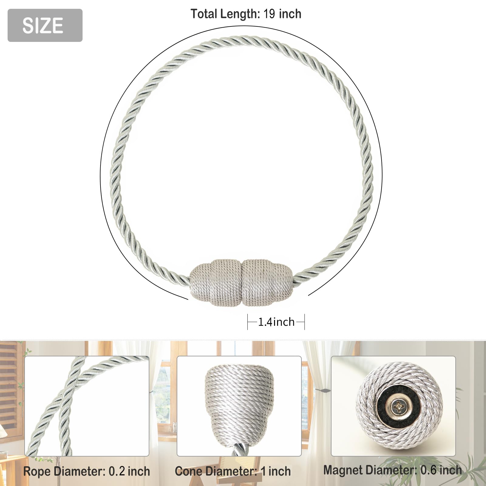 Magnetic Curtain Tiebacks Rope Curtain Tie Backs for Curtains 6 Pack Curtain Holders for Drapes Decorative Window Curtain Holdbacks (6 Count)