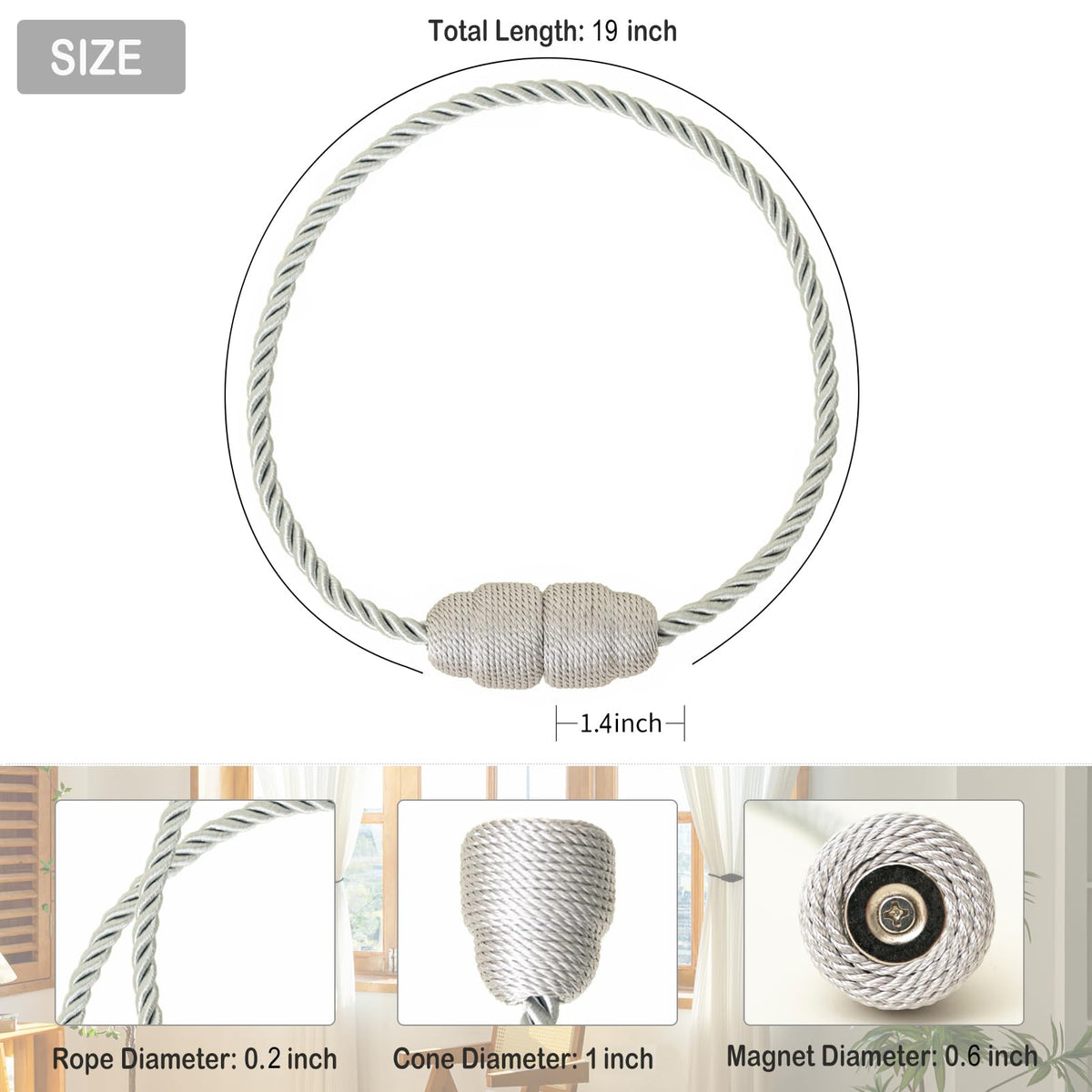 Magnetic Curtain Tiebacks Rope Curtain Tie Backs for Curtains 4 Pack Curtain Holders for Drapes Decorative Window Curtain Holdbacks (4 Count)