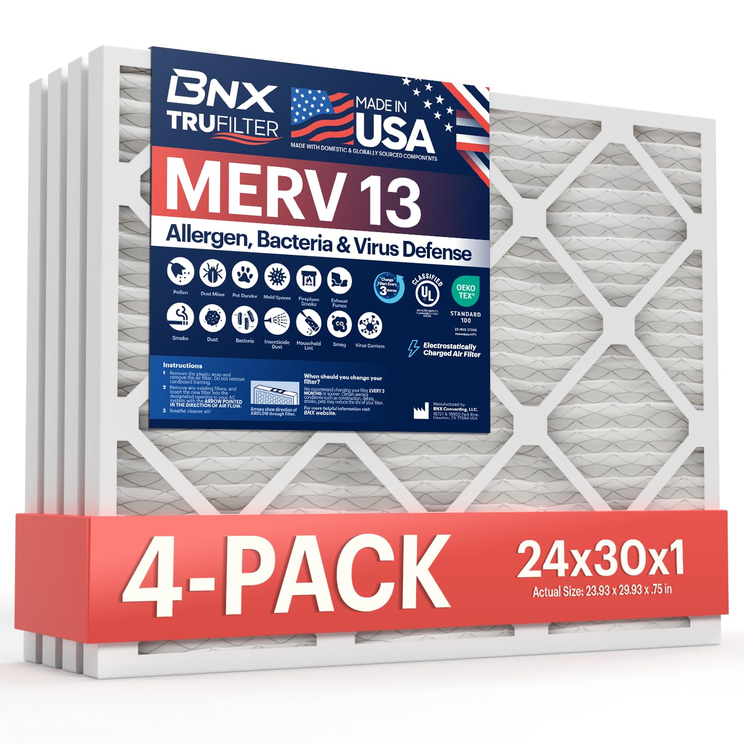TruFilter 24x30x1 Air Filter MERV 13 (4 Count)