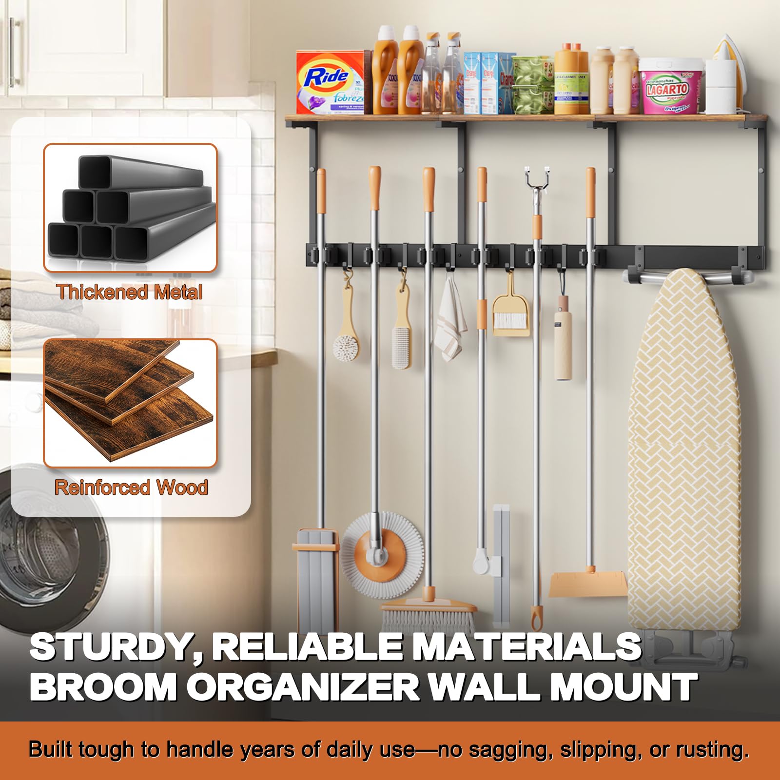 Broom Holder Wall Mount with Cleaning Supplies Organizer