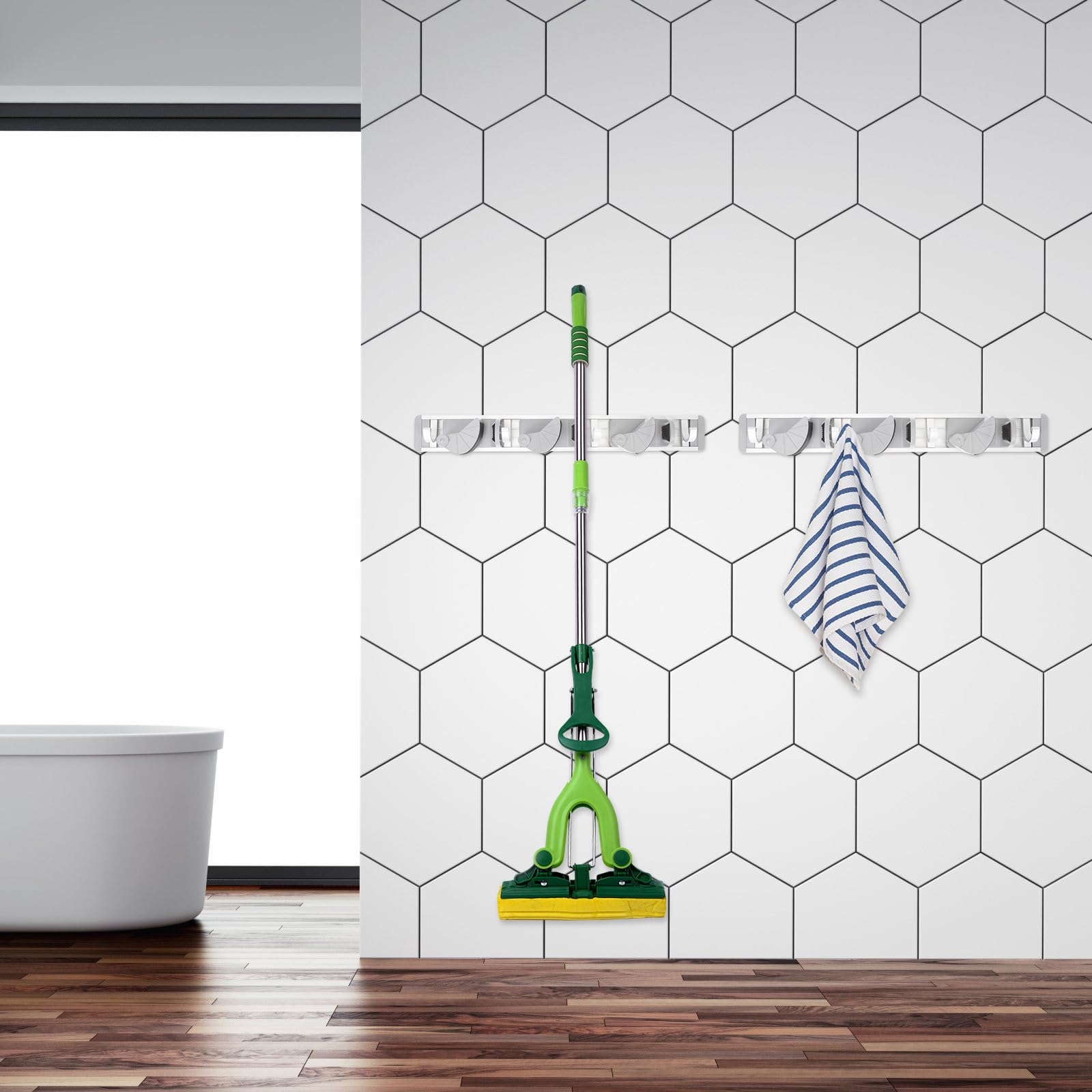 Punch free Mop Holder with 4 Hooks Space Aluminum Wall