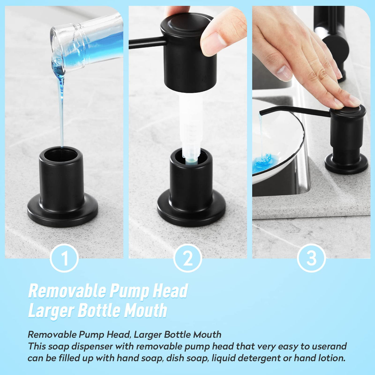 Kitchen Soap Dispenser Countertop Soap Dispenserfor Kitchen Sink Black Built in Sink Soap Dispenser Top Fill Deck Mount Dispenser for Bathroom with 39" Tube Large Capacity 17 OZ Bottle