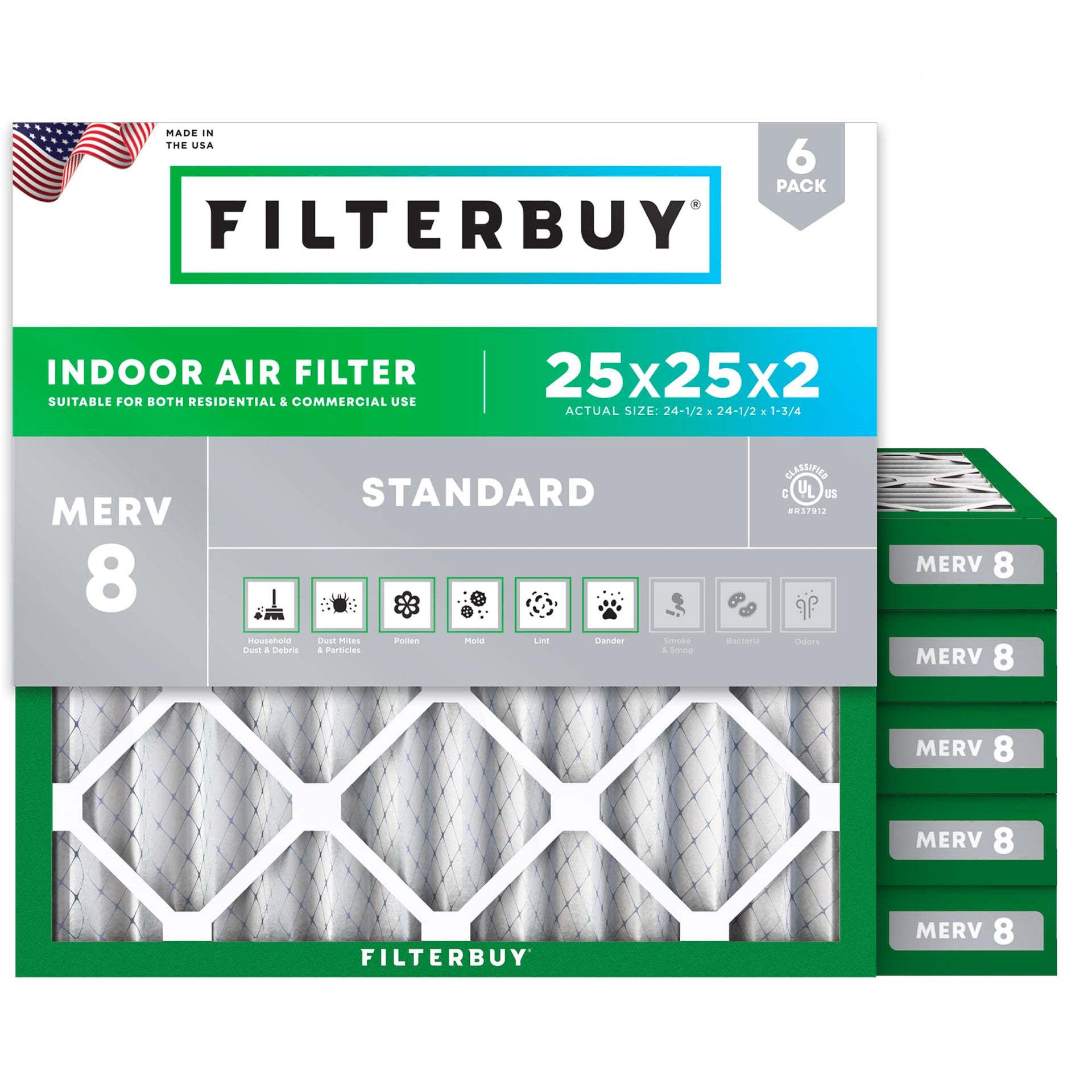 25x25x2 Air Filter MERV 8 Dust & Allergy Defense (6 Count)