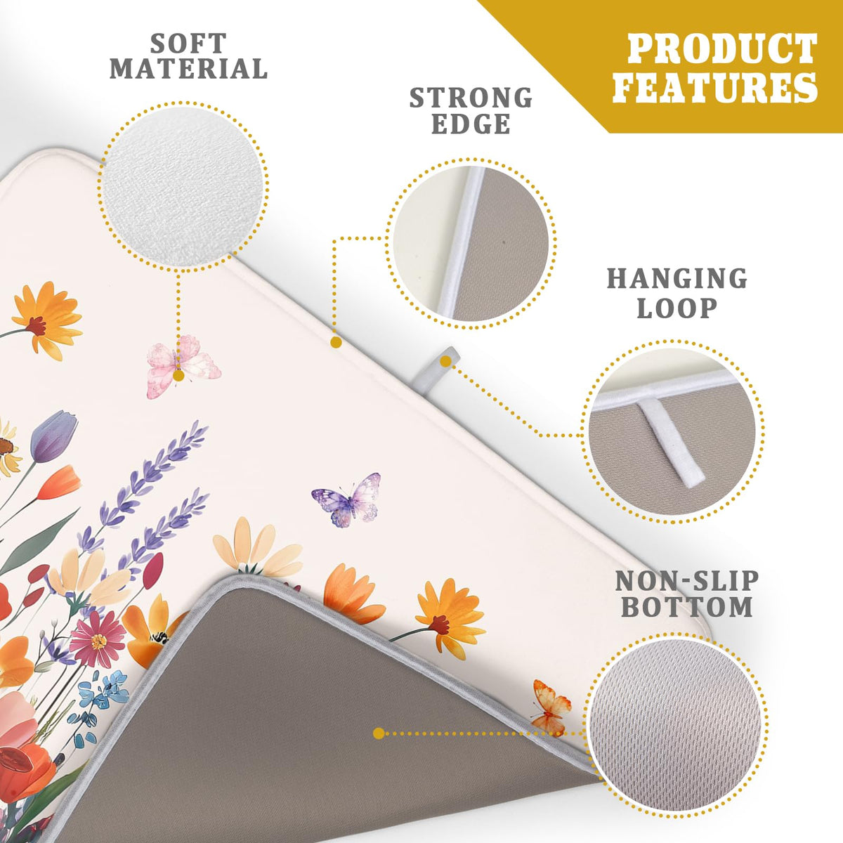Spring Summer Flowers Dish Drying Mat for Kitchen Counter 16"x18" Colorful Floral Drying Mat Soft Absorbent Microfiber Farmhouse Fluttering Butterfly Dish Drainer Rack Mats for Counter tops