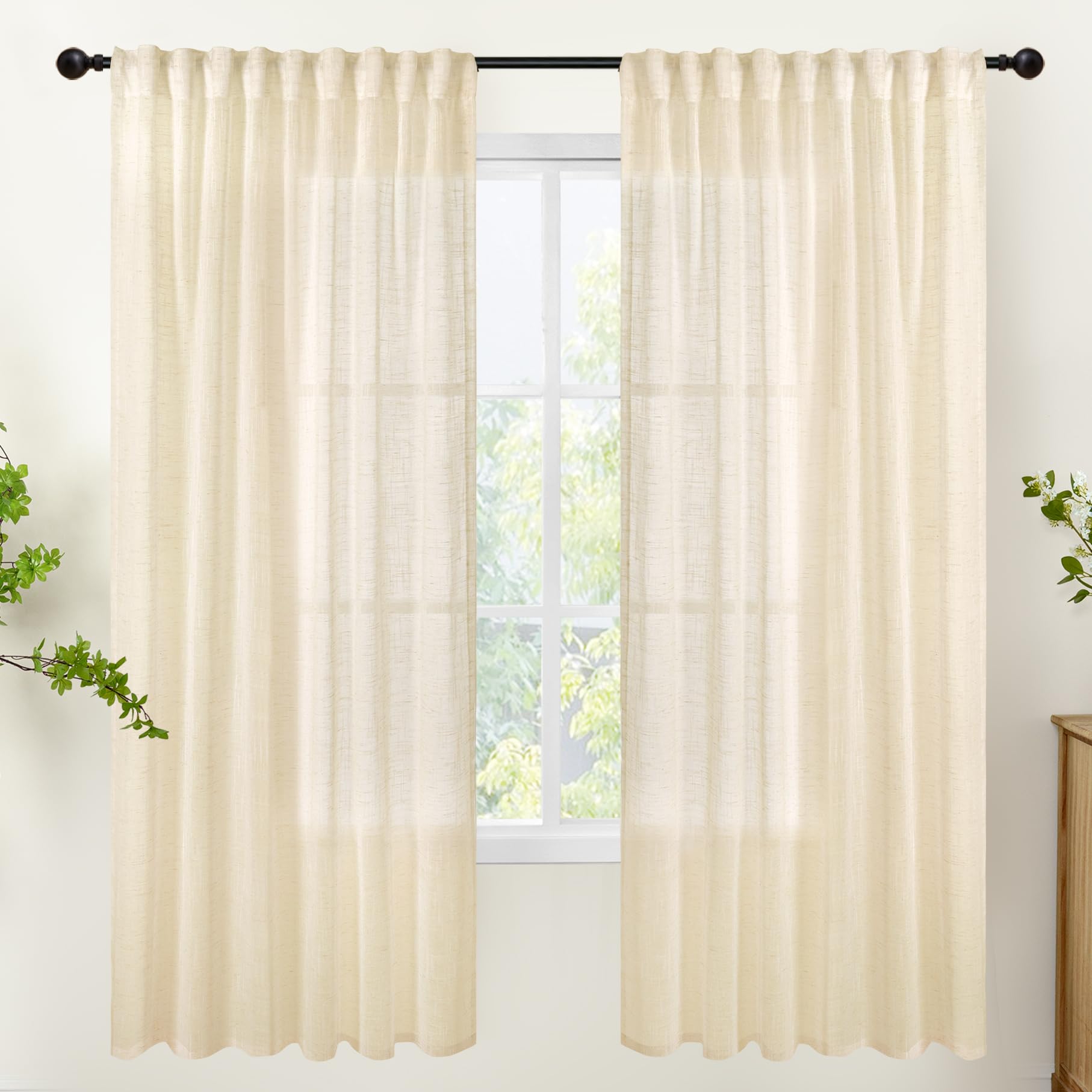 Linen Semi Sheer Curtains 72 Inch Length Cream Beige Drapes (2 Count)